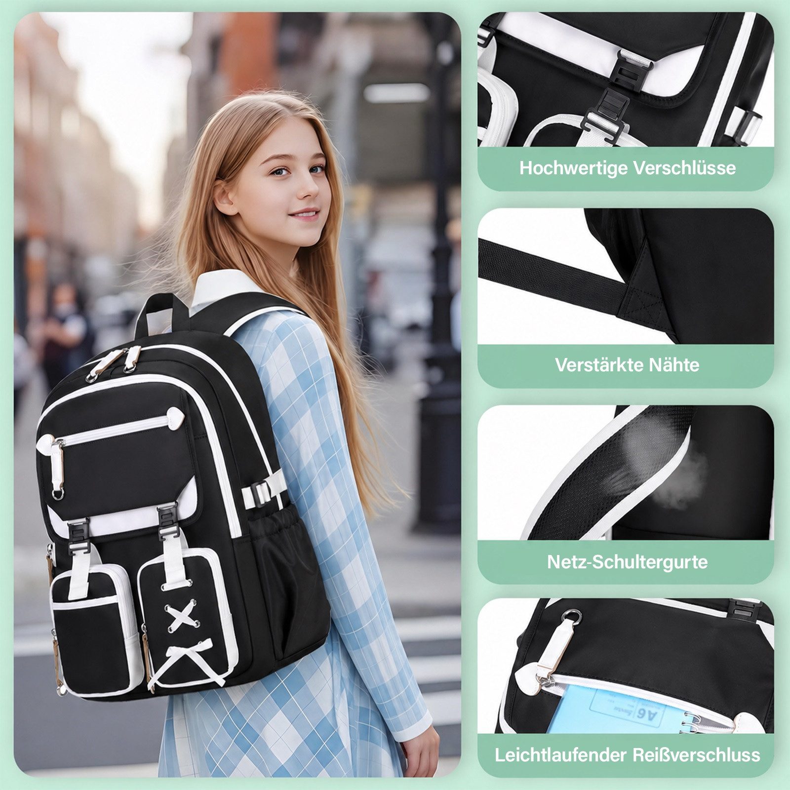 MOPUEA Schulrucksack Schulrucksack Mädchen Teenager Daypack 3. bis 7. Klasse Schule (Schulrucksack-Set mit Lunchbox Federmäppchen für Mädchen Teenager, 3-tlg.,  – Bild 3 von 5