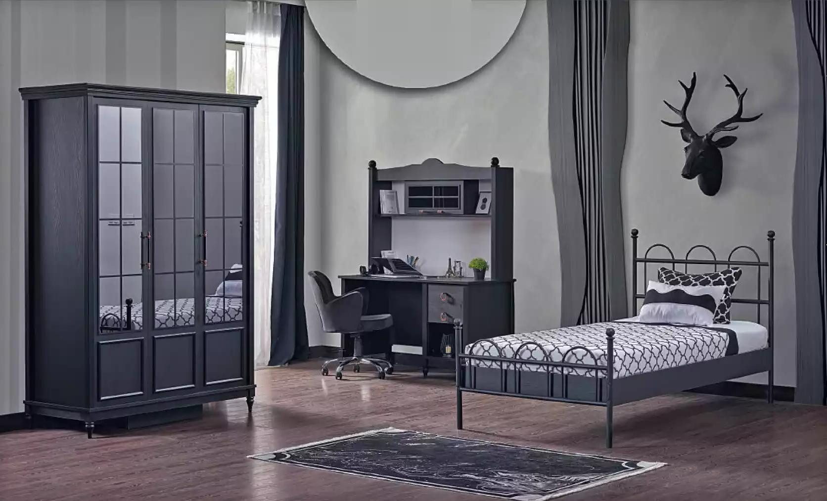 Xlmoebel Schlafzimmer-Set Schwarzes Schlafzimmermöbel-Set mit Bett, Schrank und Schreibtisch, (3tlg. Schlafzimmer Set(Kinderbett+Schreibtisch+Kleiderschrank), Hergestellt in Europa