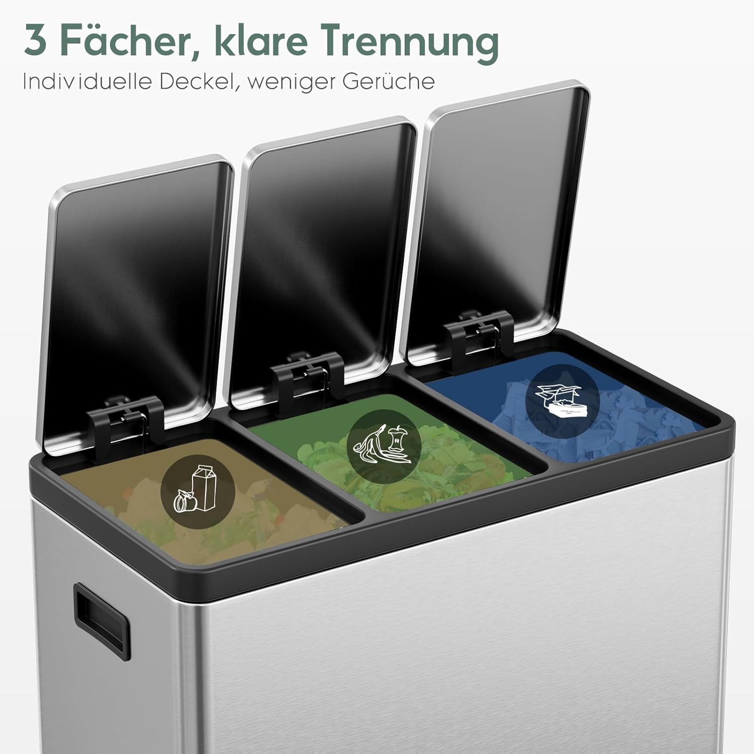 TLGREEN Mülltrennsystem 3×15L aus Stahl,Mülleimer 3 Fächer mit Soft-Close-Deckeln,Abfalleimer mit Herausnehmbare Inneneime – Bild 5 von 5