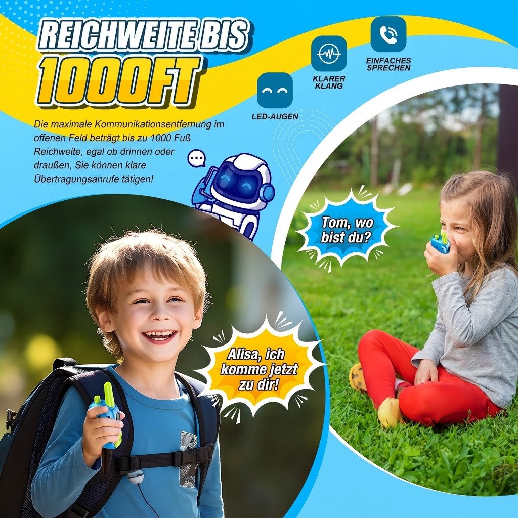 Wootoy Walkie Talkie Funkgeräte Kinder Roboter-Walkie-Talkies Spielzeug, (mit Reichweite von bis zu ca. 300 m unter geeigneten Bedingungen, 2-St., Push-to-Talk-Bedienung unkomplizierte Nutzung für Kinder ab 3 Jahren), in Geschenkbox ideal für Indoor- und Outdoor-Abenteuer