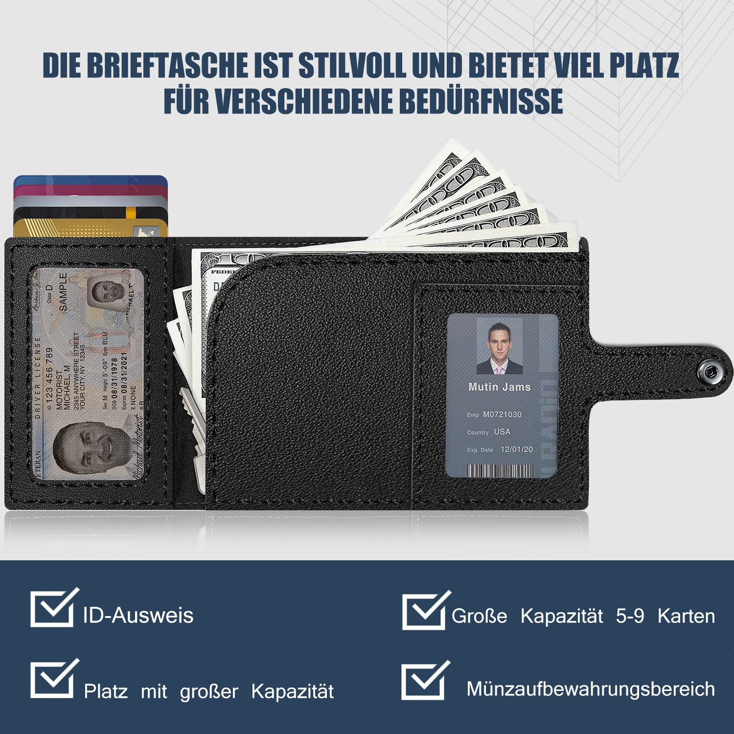 Forrlite Geldbörse Geldbeutel Herren Slim Wallet mit RFID-Schutz (Premium Leder Portemonnaie Herren mit Münzfach, Tragbar und Langlebig Brieftasche Herren), Min – Bild 4 von 5