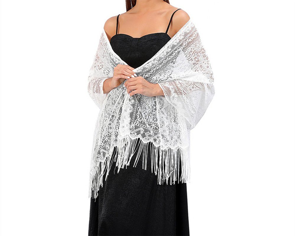 SHIBYÜÜ Strandkleid Damen Floral Spitze Schal Schal mit Quasten, weiche Mesh Fransen Wraps für Hochzeit Abend Party Kleider Weiß
