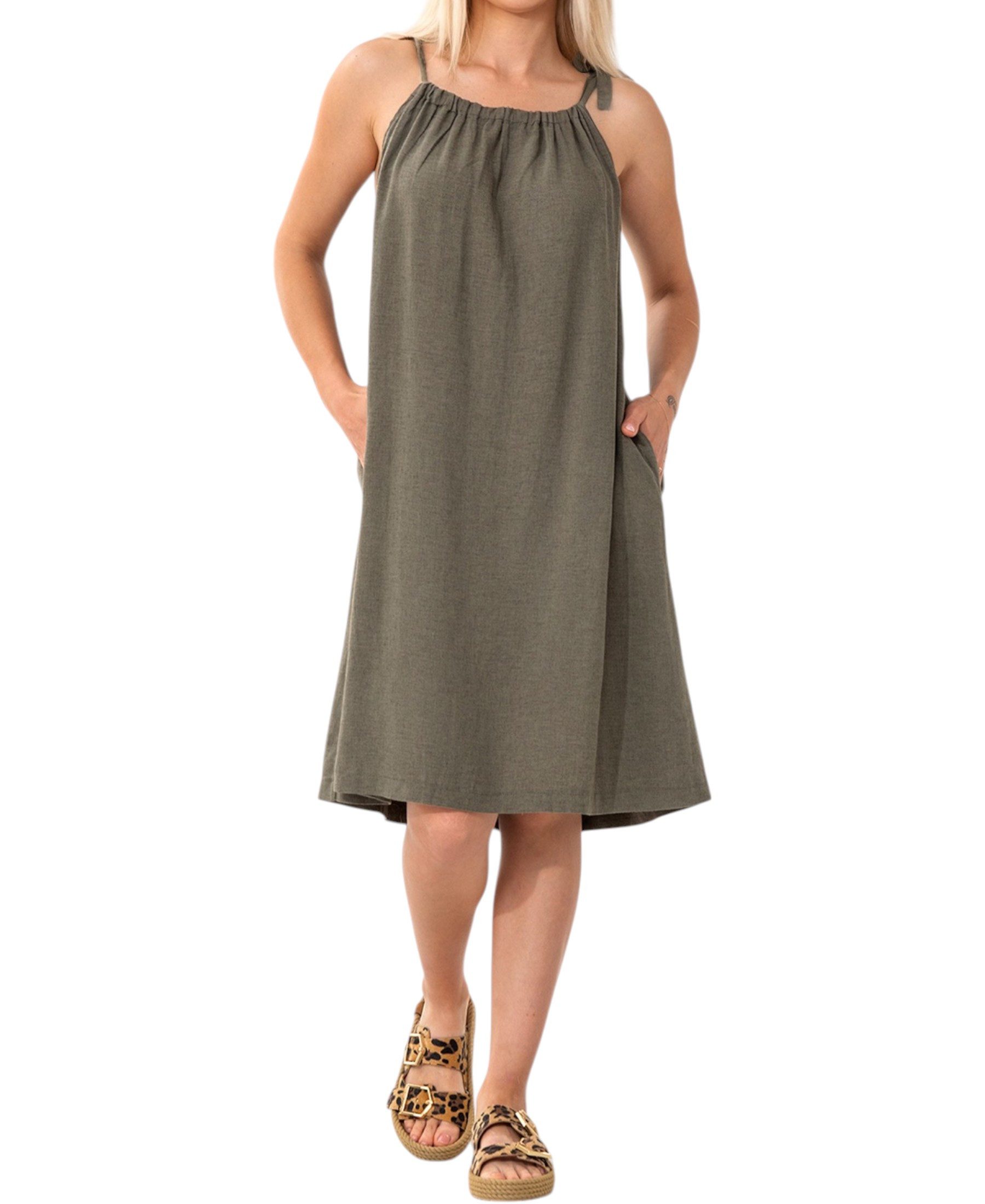 WENOR Sommerkleid aus Leinenmix mit Bindeträgern – luftiges Strandkleid mit Taschen (1-tlg) Bindeträger,seitliche Eingrifftaschen,natürliches Material