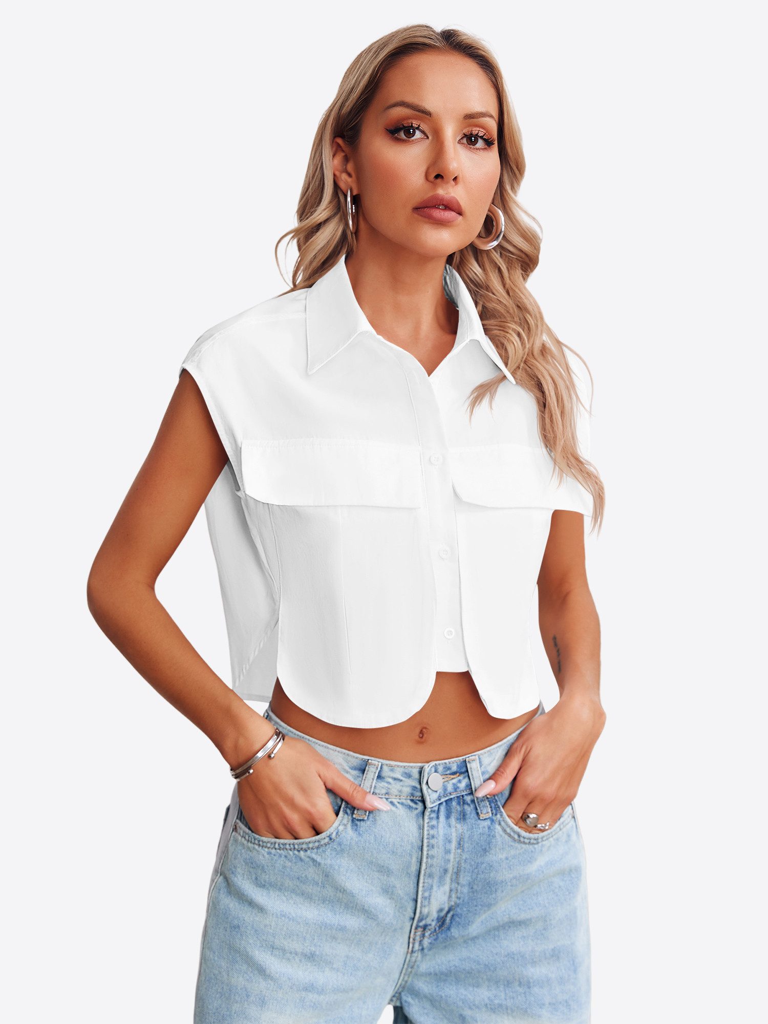Imily Bela Blusenshirt Damen Ärmellose Cropped mit Brusttaschen und Kragen günstig online kaufen