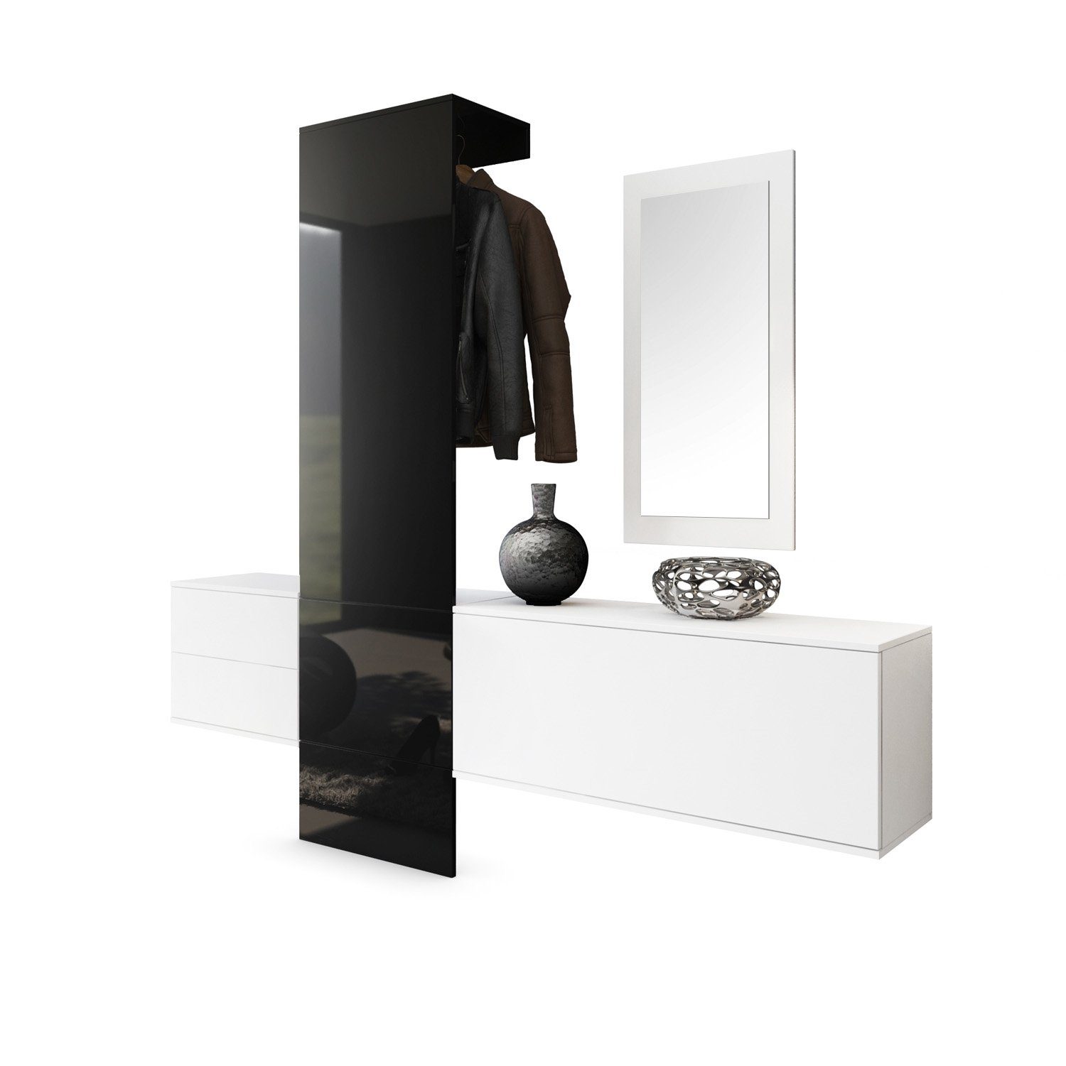 Vladon Garderoben-Set Carlton Set 1, (Wandgarderobe bestehend aus, 4-St., 1 Paneel, 1 Schubkastenschrank, 1 Schrankmodul und 1 Spiegel), Weiß matt/Schwarz Hochglanz (208 x 193 x 35 cm)