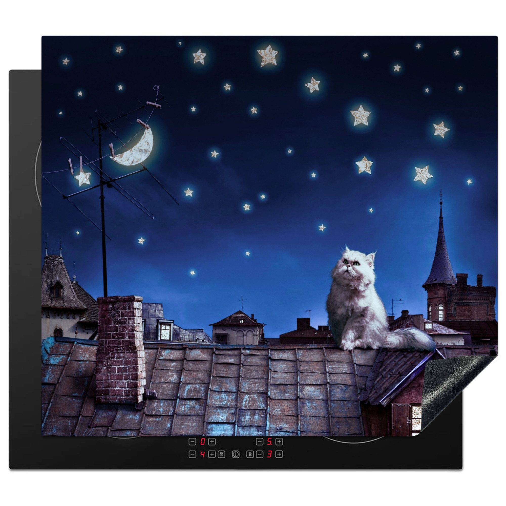 MuchoWow Herd-Abdeckplatte Blau - Katze - Nacht - Haus, Vinyl, (1 tlg), Ceranfeldabdeckung Küche, Herdabdeckplatte Einteilig, 60x52 cm