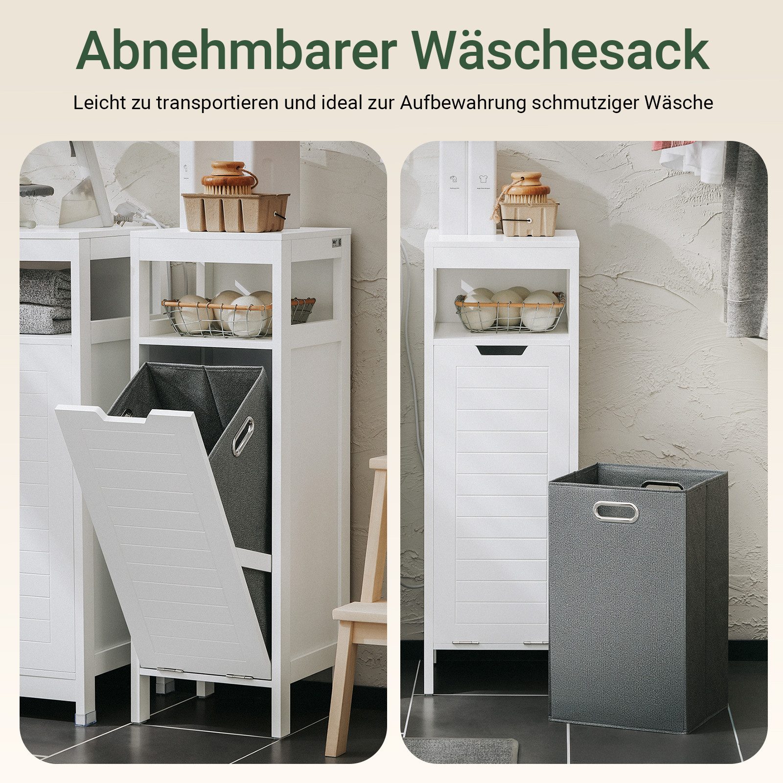 SoBuy Wäscheschrank BZR122, Badezimmerschrank mit Wäschekorb, Badezimmer Badschrank mit Wäschesack Wäschesammler Wäschekorb Wäschetruhe Weiß
