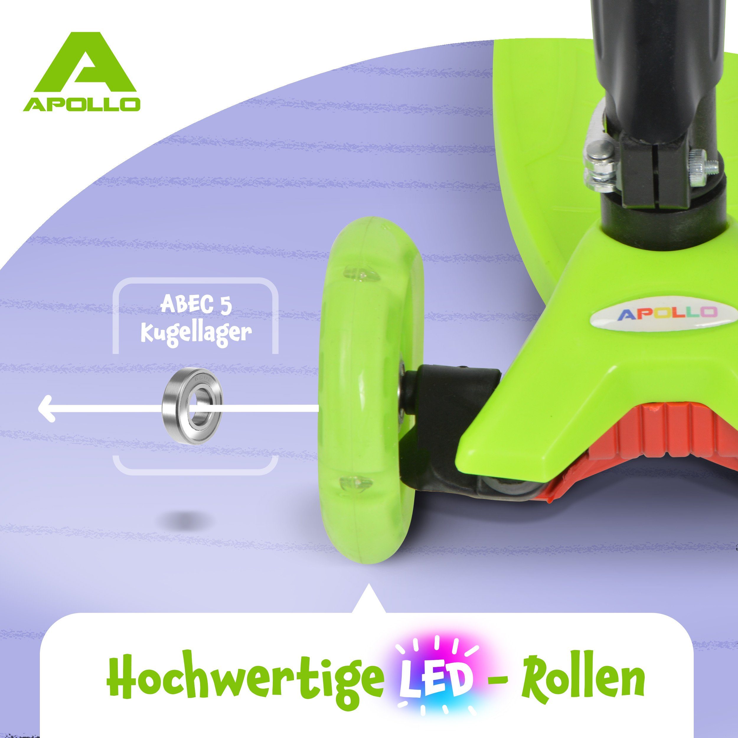 Apollo Dreiradscooter Kinderroller Kids Whiz LED 3-Rad Scooter ab 3 Jahren Tretroller, Klappbarer und höhenverstellbarer Kinder Scooter mit LED Wheels