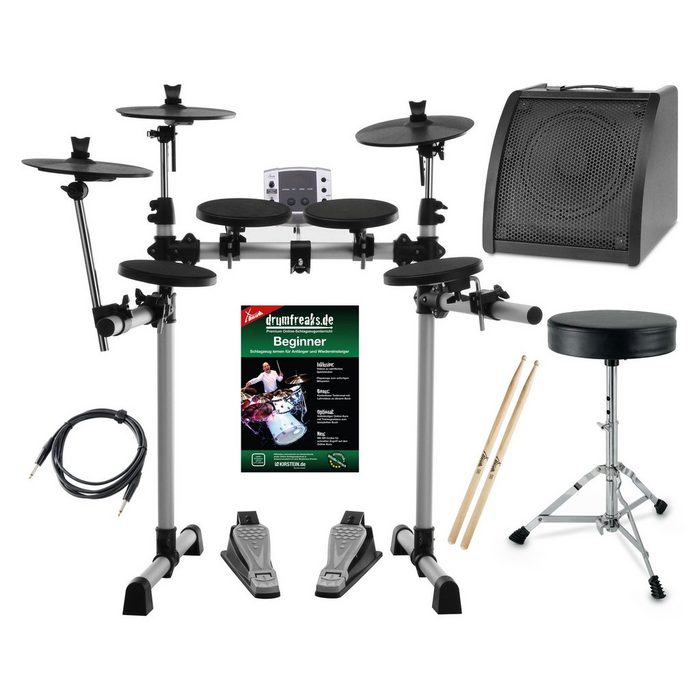 XDrum Elektrisches Schlagzeug DD-400 Mesh E-Drum Kit - mit 4 Drum Pads - 3 Cymbal Pads (14-tlg) mit Verstärker Kabel Drumhocker Schule & Sticks