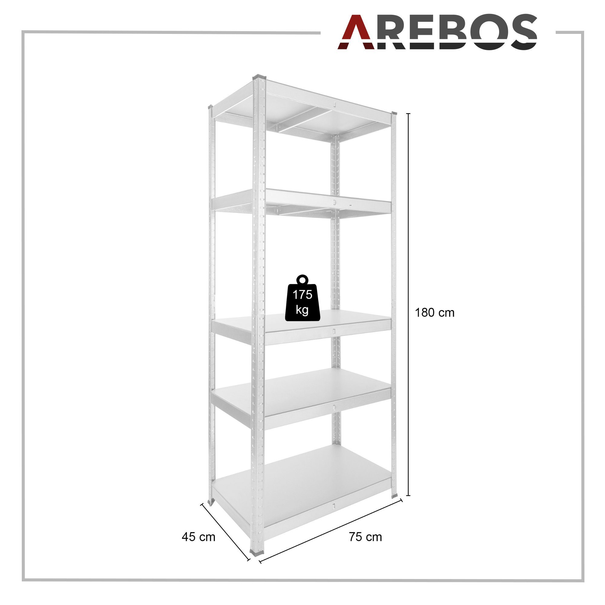 Arebos Schwerlastregal 180 x 75 x 45 cm 875 kg Traglast, Steckregal, Lagerregal, Flexibel einsetzbar: für Werkstatt, Garage, Keller oder Lager – Bild 4 von 5