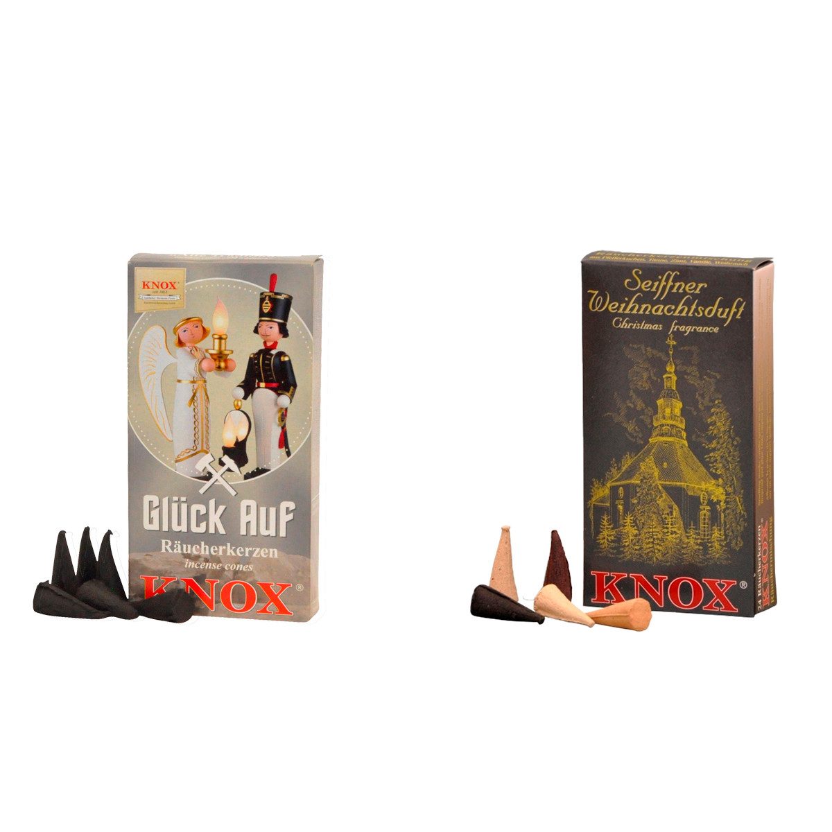 KNOX Duftkerze Räucherkerzen 2er Set - Glück Auf & Seiffener Weihnacht - je 24 Stück, Größe M (Standard) - Brenndauer 10-15 min - Made in Germany