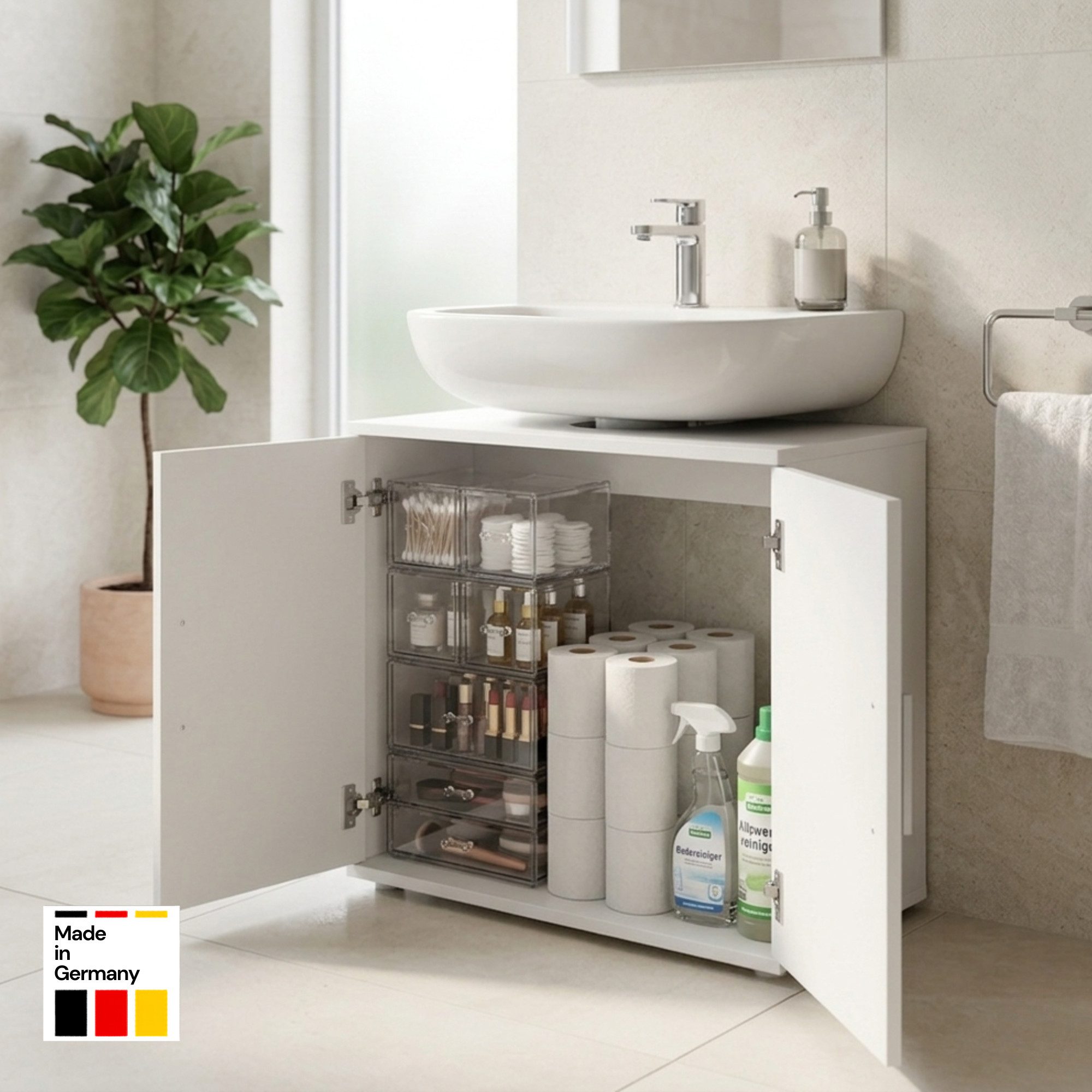 Home Collective Waschbeckenunterschrank Badezimmerschrank Badschrank Badmöbel mit 2 Türen, Made in Germany Badunterschrank mit herausnehmbarem Einlegeboden Weiß – Bild 2 von 5
