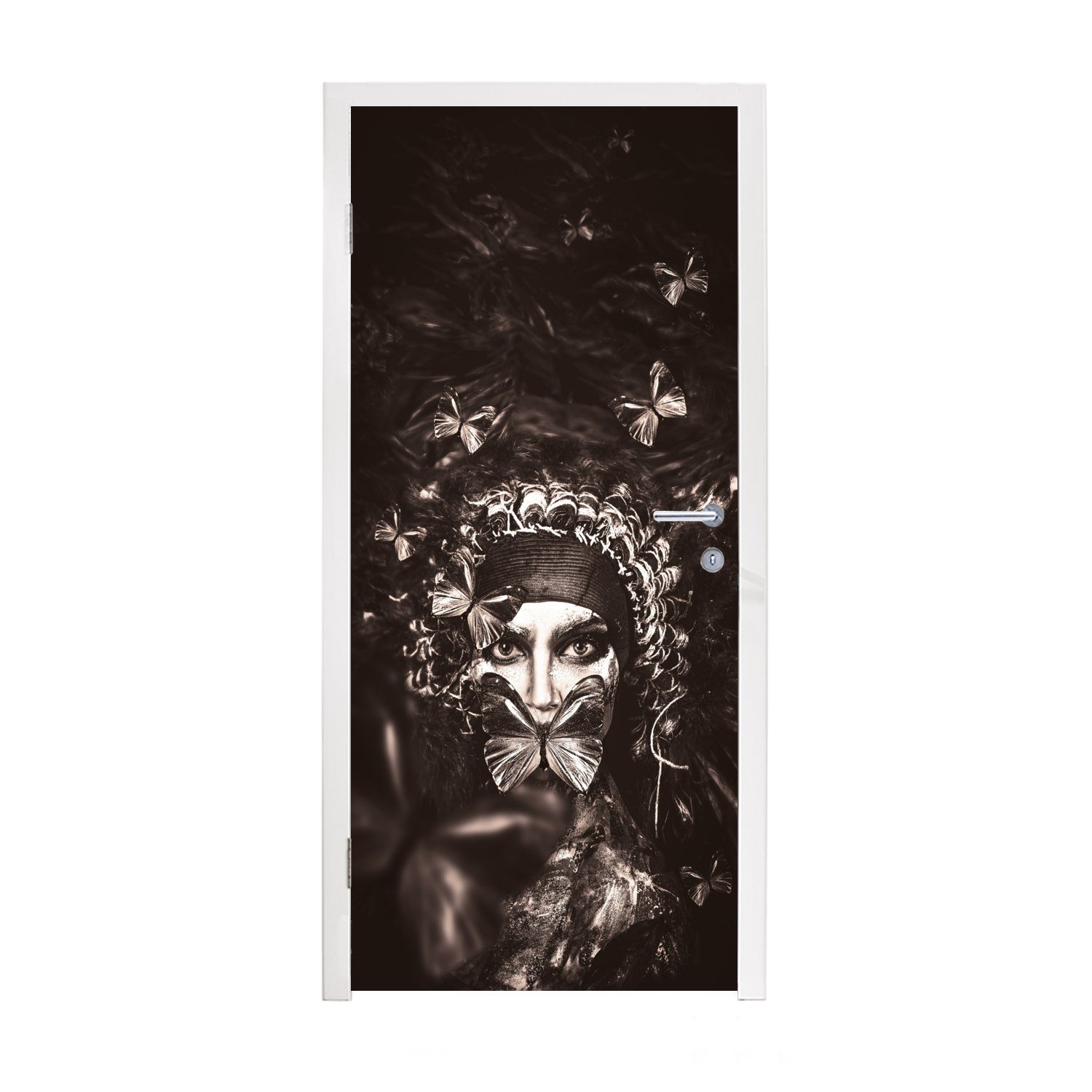 MuchoWow Türtapete Frau - Schmetterling - Schwarz - Weiß, Matt, bedruckt, (1 St), Fototapete für Tür, Türaufkleber, 75x205 cm | Türtapeten
