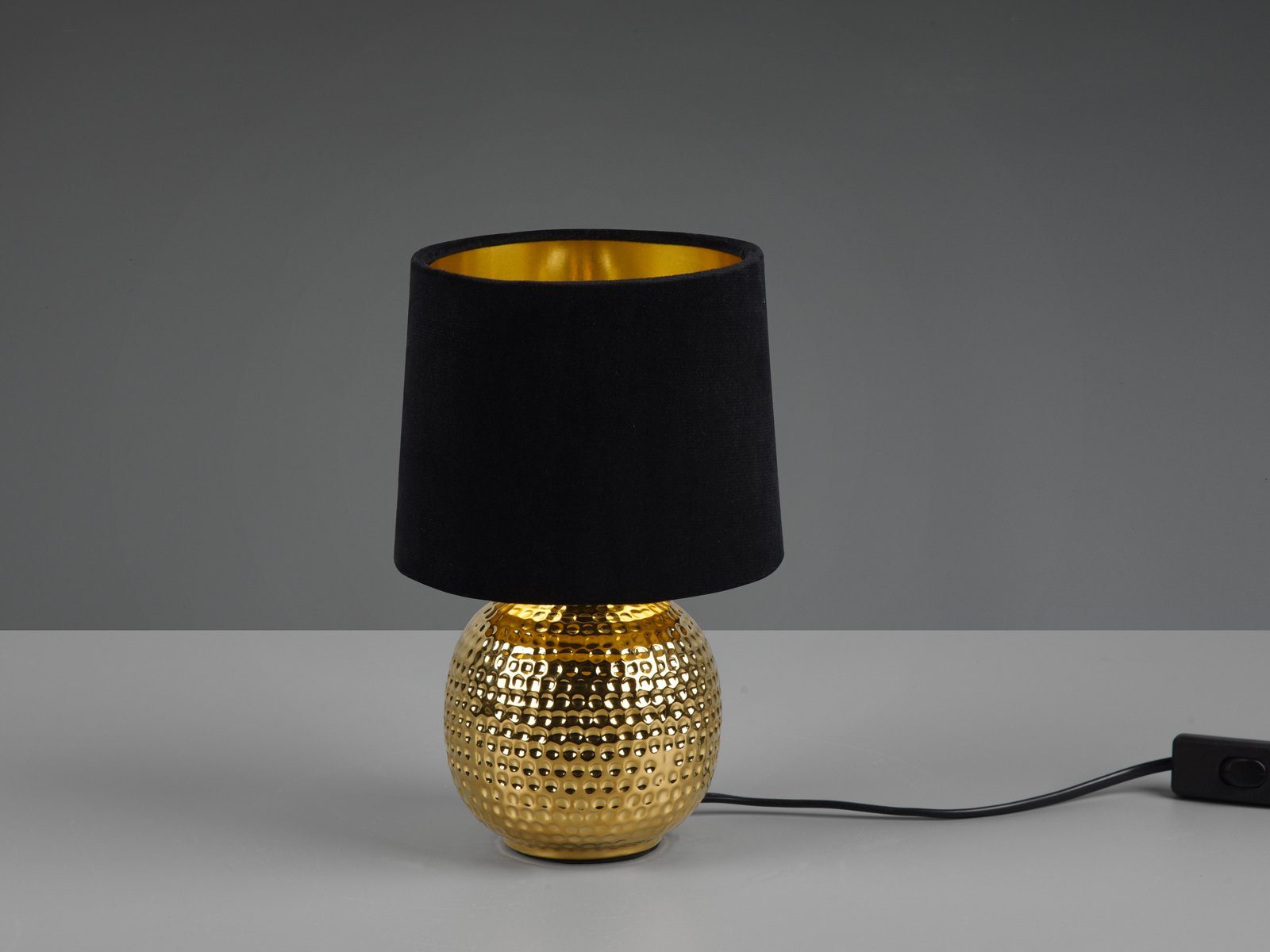 Reality Leuchten LED Nachttischlampe, Dimmfunktion, LED wechselbar, Warmweiß, kleine ausgefallen-e Samt Lampenschirm dimmbar Schwarz Gold-en H: 26cm