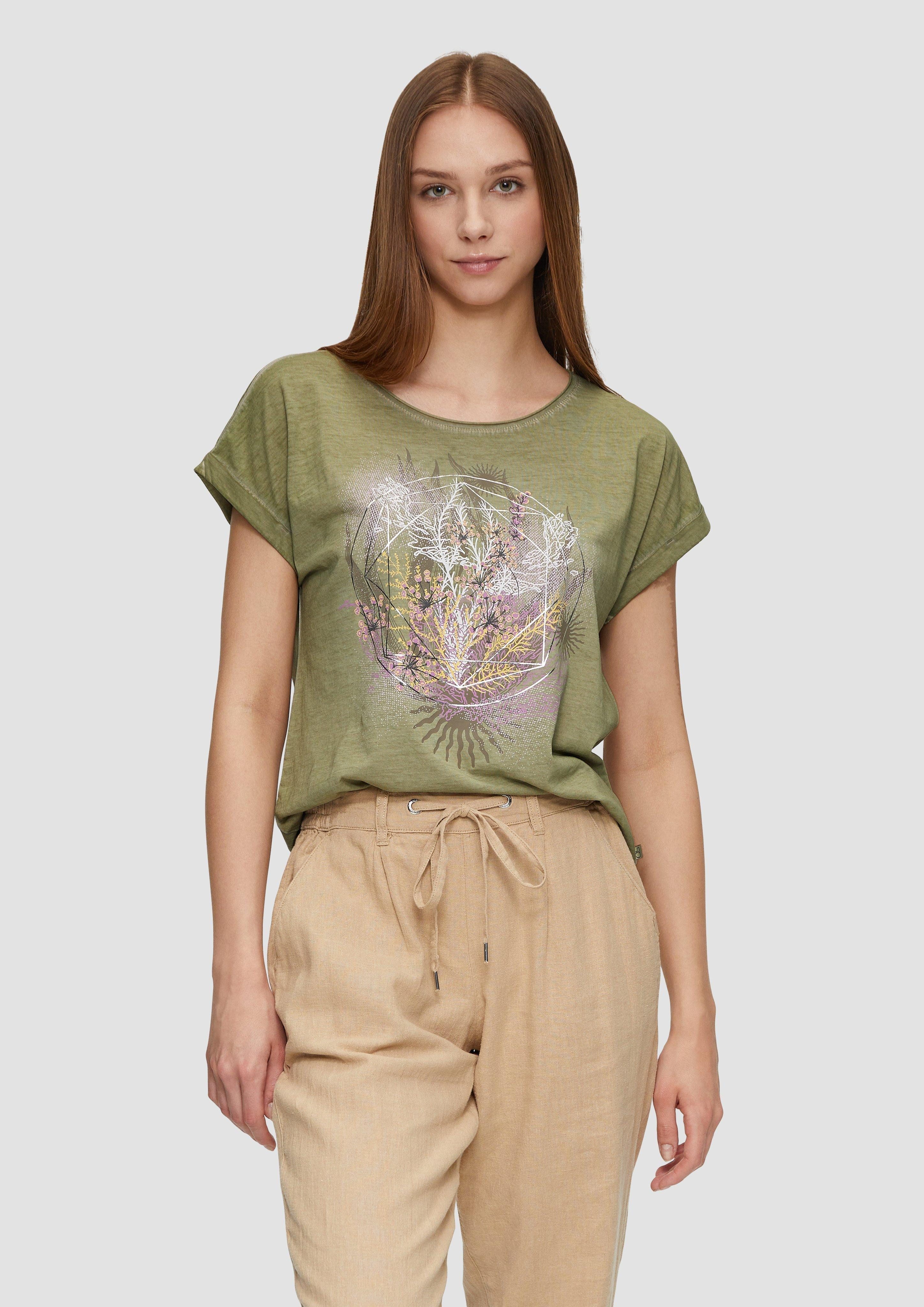 QS Kurzarmshirt Oversize-Shirt mit Rundhalsausschnitt und Frontprint Garment Dye