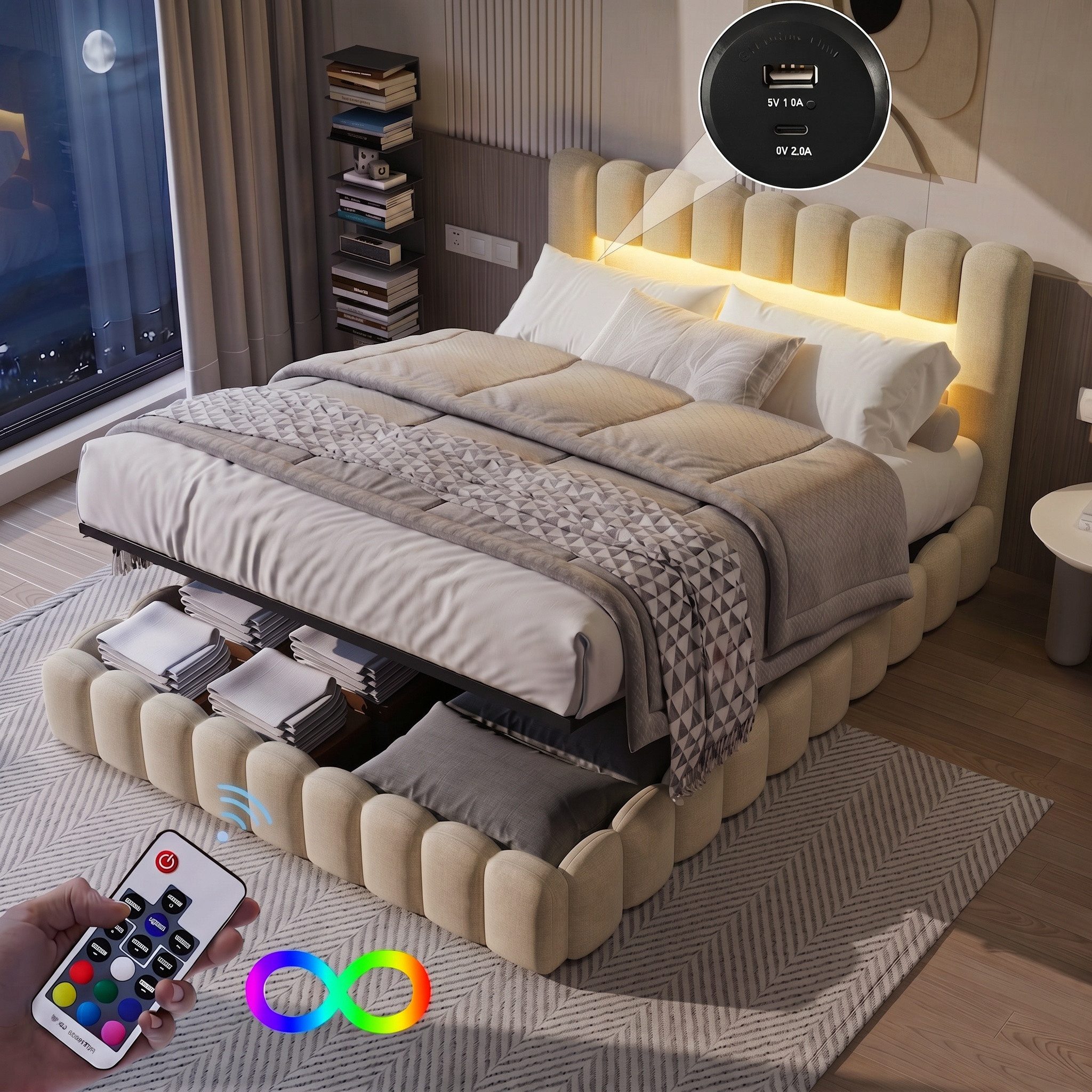 Furnishings Home Polsterbett Doppelbett Jugendbett (Set, Bett), Mit LED-Beleuchtung, USB & Type-c Anschlüsse, Leinen, 180x200 cm