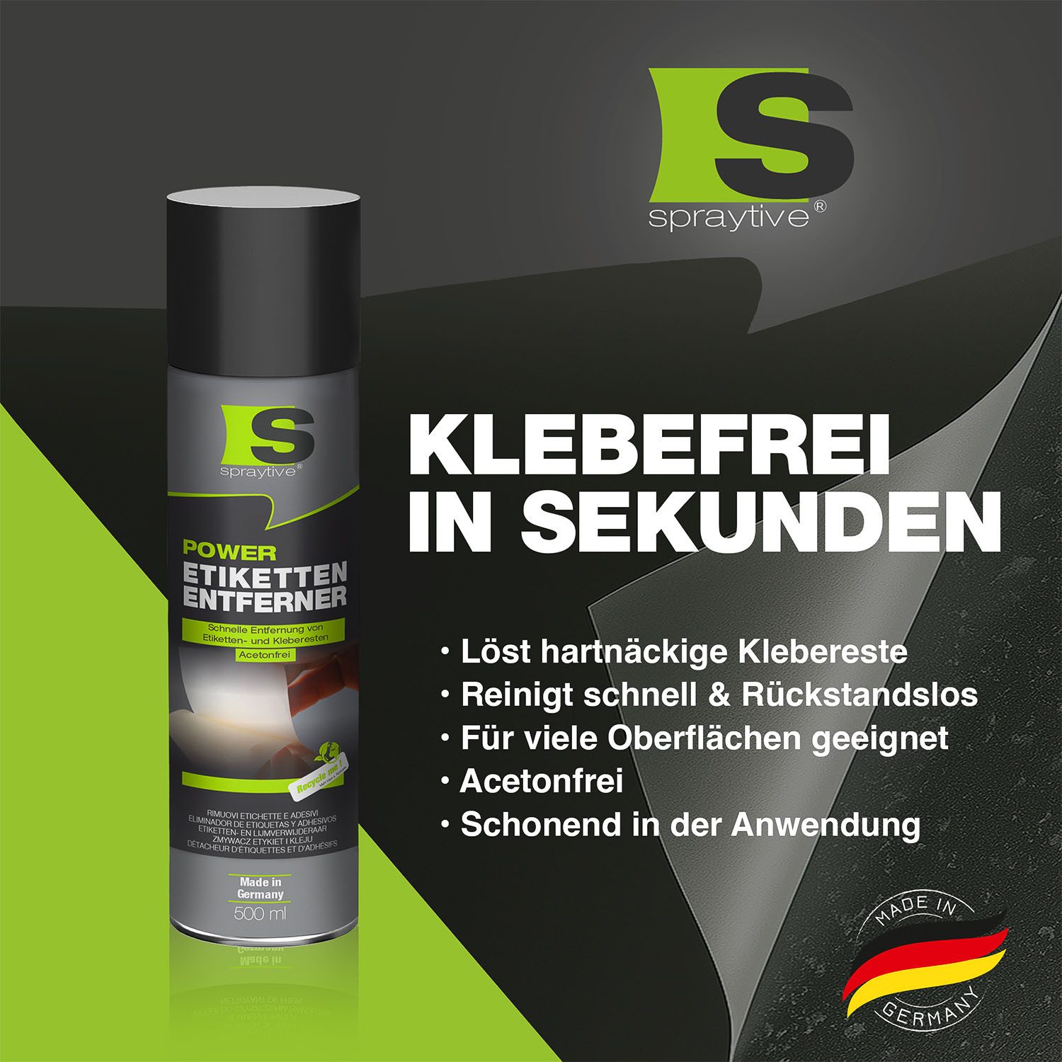 Spraytive 1x 500ml Etikettenentferner – Entfernt Aufkleber & Klebereste schnell Allzweckreiniger (Made in Germany)