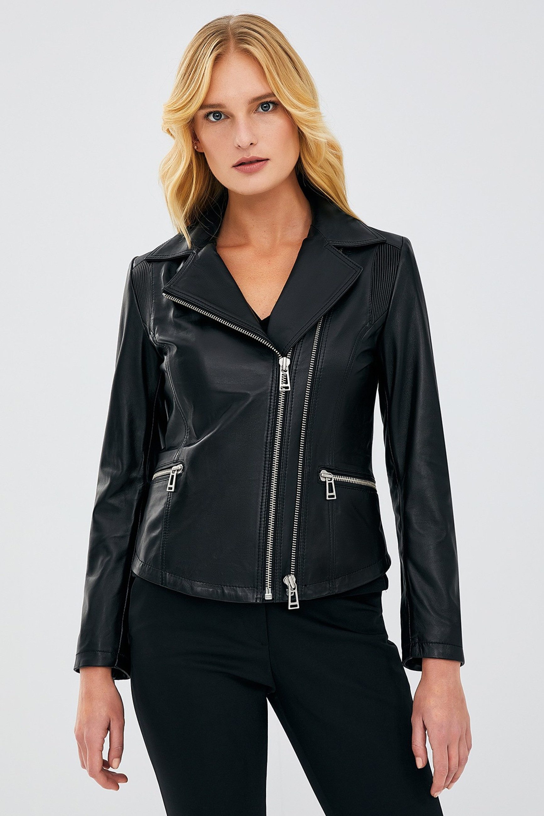 Derimod Lederjacke Stefania Biker-Lederjacke Regular Fit, Reißverschluss, Reverskragen, Normale Länge, Textilfutter