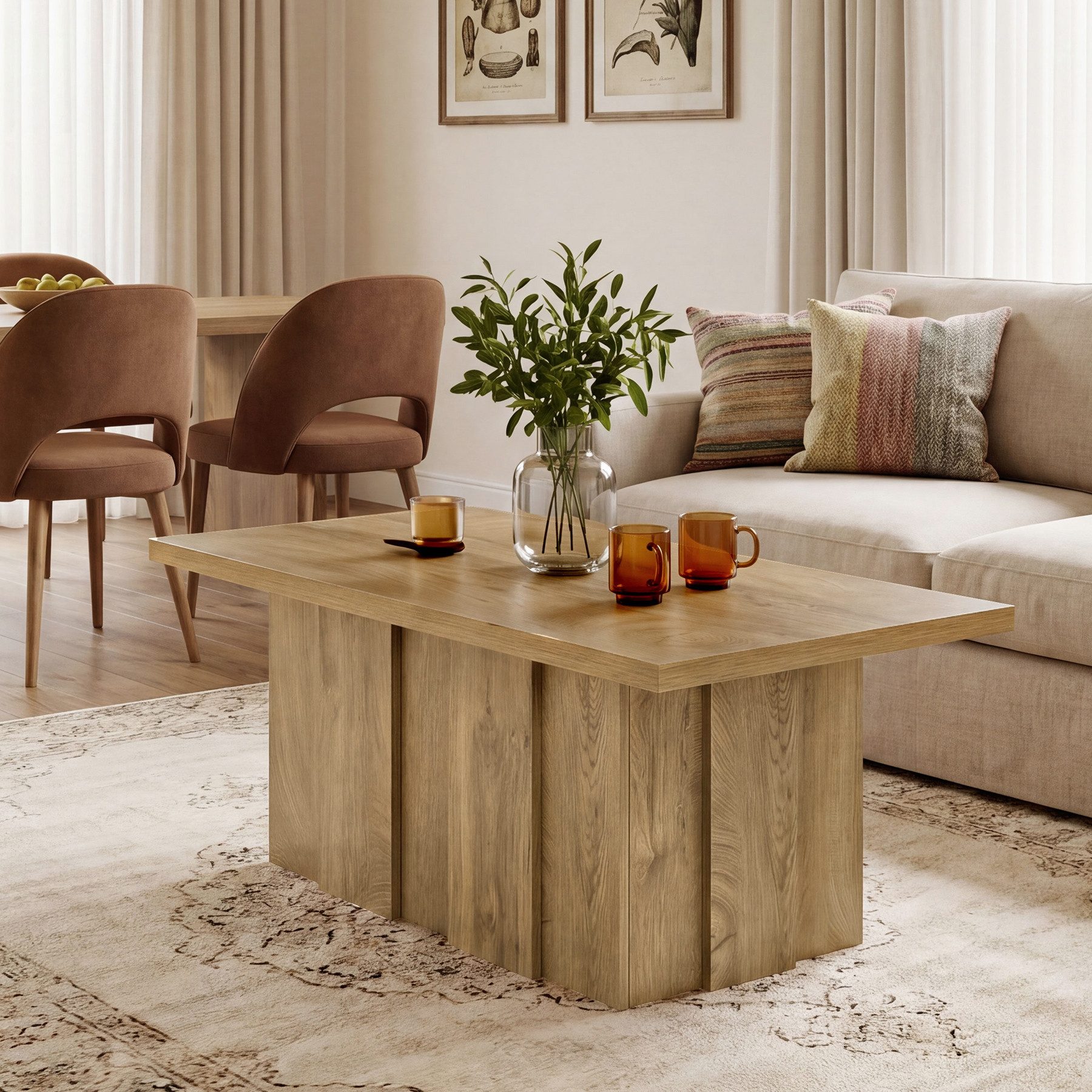 Tribesigns Couchtisch Wohnzimmertisch 120 cm Holztisch mit Rillenfuß in Eichenoptik