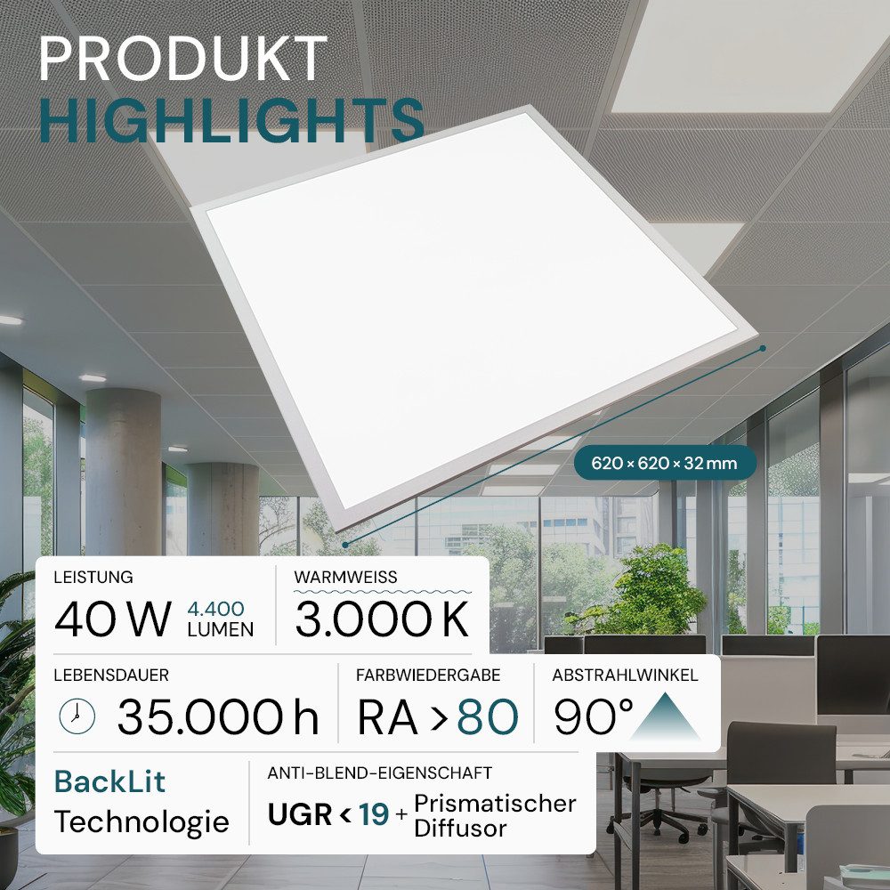 LUXULA LED Rasterleuchte LUXULA LED Panel 40 W 3000 K warmweiß, LED fest integriert, Warmweiß