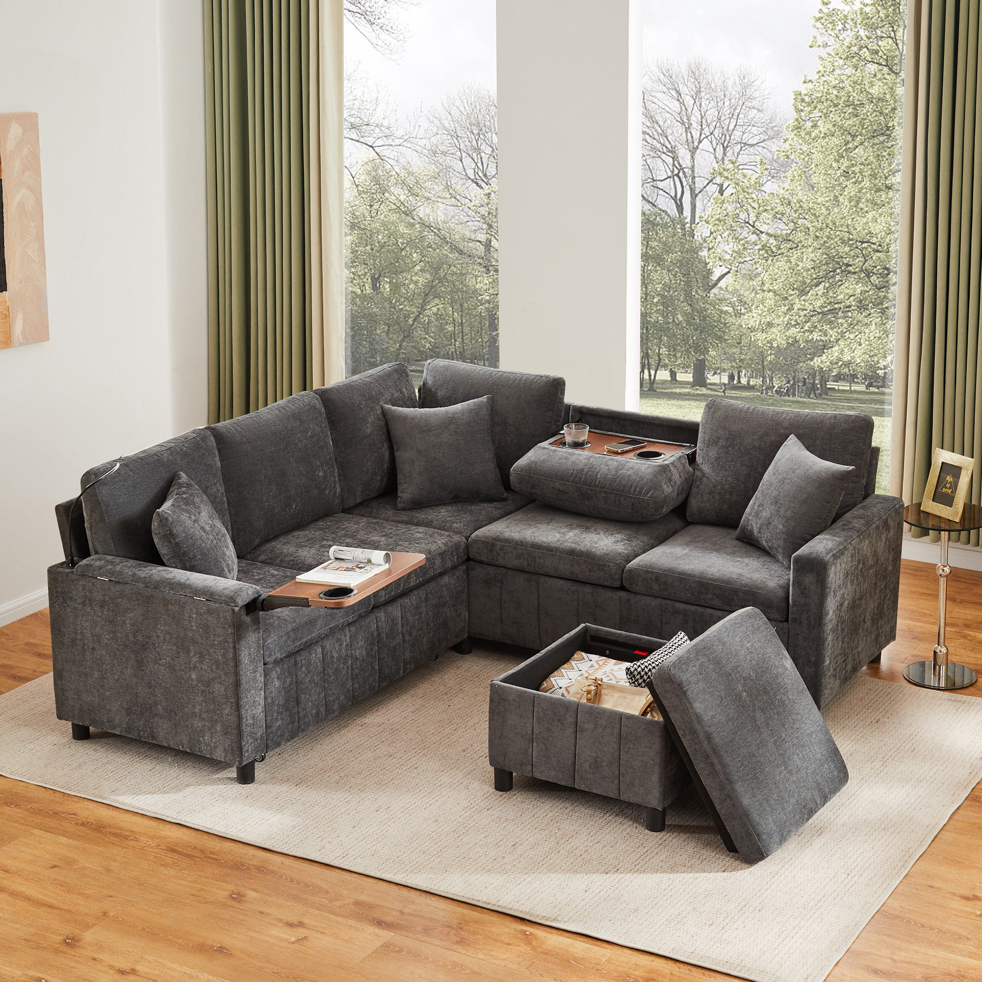 Odikalo Ecksofa Eckcouch mit Schlaffunktion Hocker & verstecktem Tisch, mit Leselampe, USB&Type-C, Ausklappbarer Couchtisch mit zwei Getränkehaltern, Grau,205×205×85CM