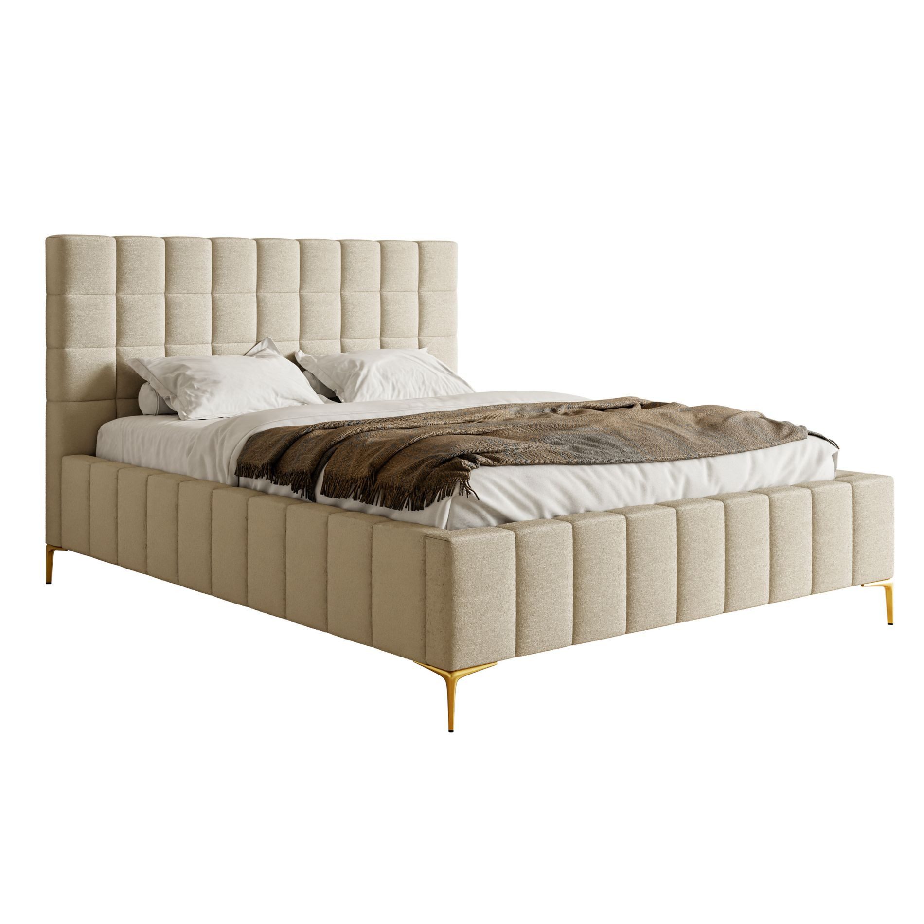 Selsey Polsterbett SZEJLO, mit Chenille-Bezug, Bettkasten, Lattenrost und goldfarbenen Beinen