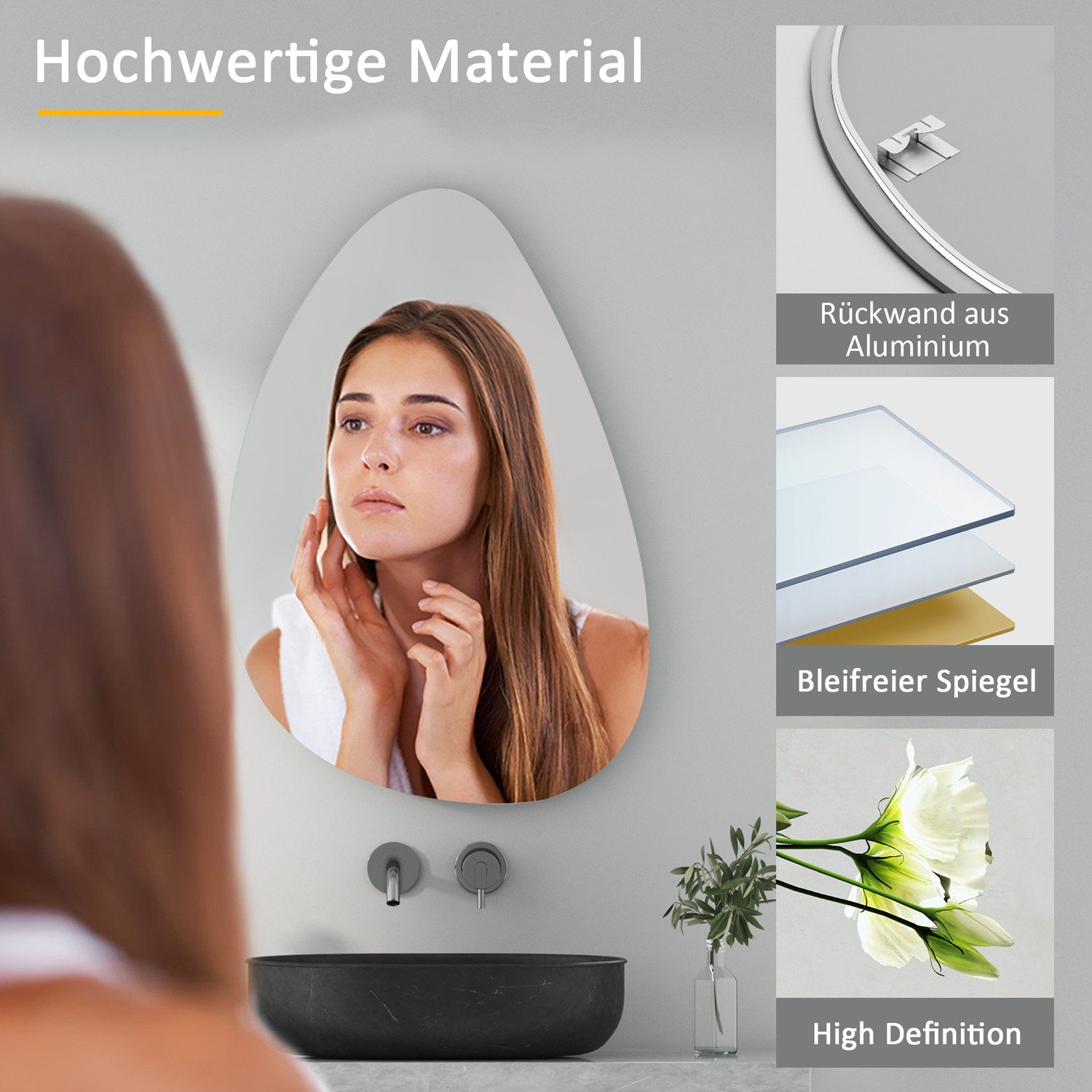 Boromal Badspiegel ohne beleuchtung Wandspiegel Asymmetrisch Wassertropfen 65x90 45x70cm (Design Badezimmerspiegel Rahmenlos, mit Metall Haken), 5mm HD Umweltfreundlich Spiegel mit Splitterschutzfolie