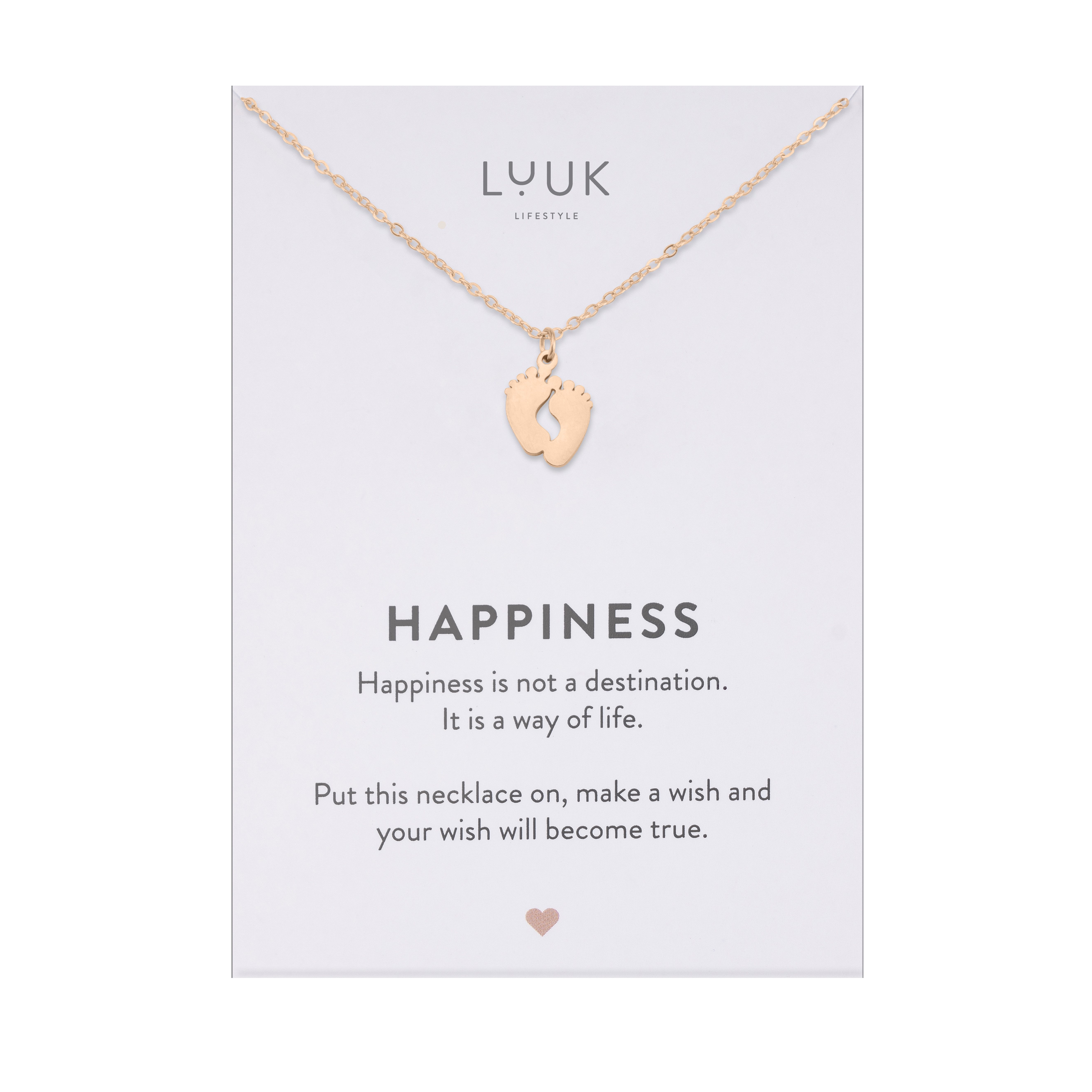 LUUK LIFESTYLE Kette mit Anhänger Babyfüße, mit HAPPINESS Spruchkarte, langlebig und hautverträglich