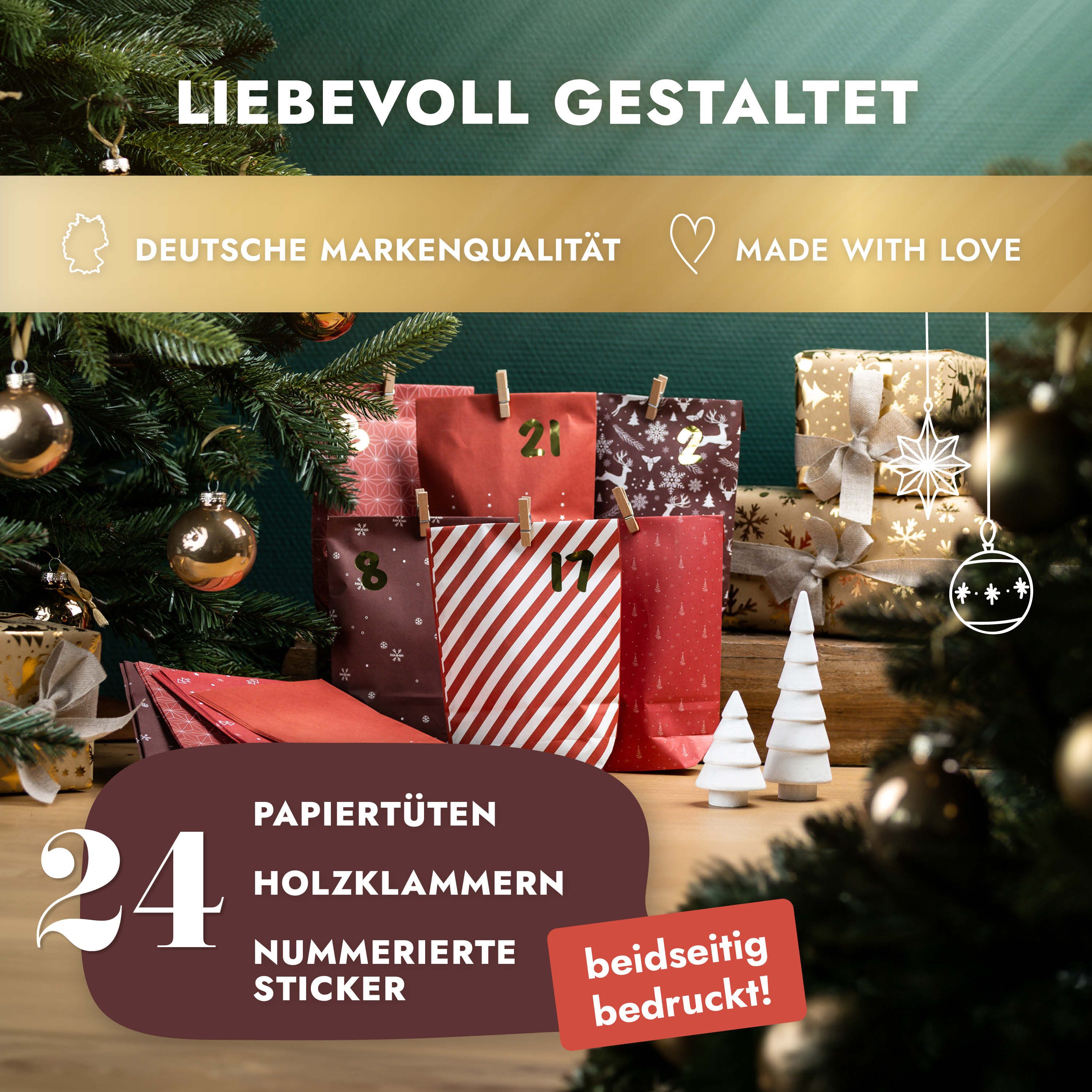 Amari befüllbarer Adventskalender Adventskalender zum Befüllen 2026, 24 Papiertüten 14×22 cm mit Zahlen (DIY Set, 72-tlg), Designs für Kinder & Erwachsene, wied – Bild 2 von 5