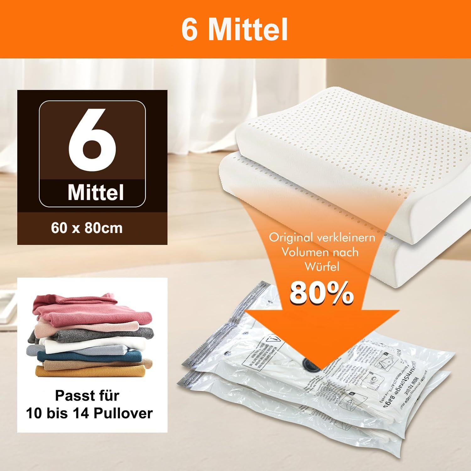SURFOU Vakuumbehälter 6er Set Vakuumbeutel für Kleidung 3 Größen, Vakuumierbeutel Bettdecken, Polyethylen (PE), (Wiederverwendbar Kleideraufbewahrungstaschen mit Luftdichtem Ventil und Handpumpe, langlebig, reißfest, mehrfach versiegelt, auslaufsicher, feuchtigkeitsbeständig, 6-tlg., Vakuumbeutel für Bettdecken, Vacuum Bags for Clothing), – ideal für Reisen, Umzüge und saisonale Lagerung