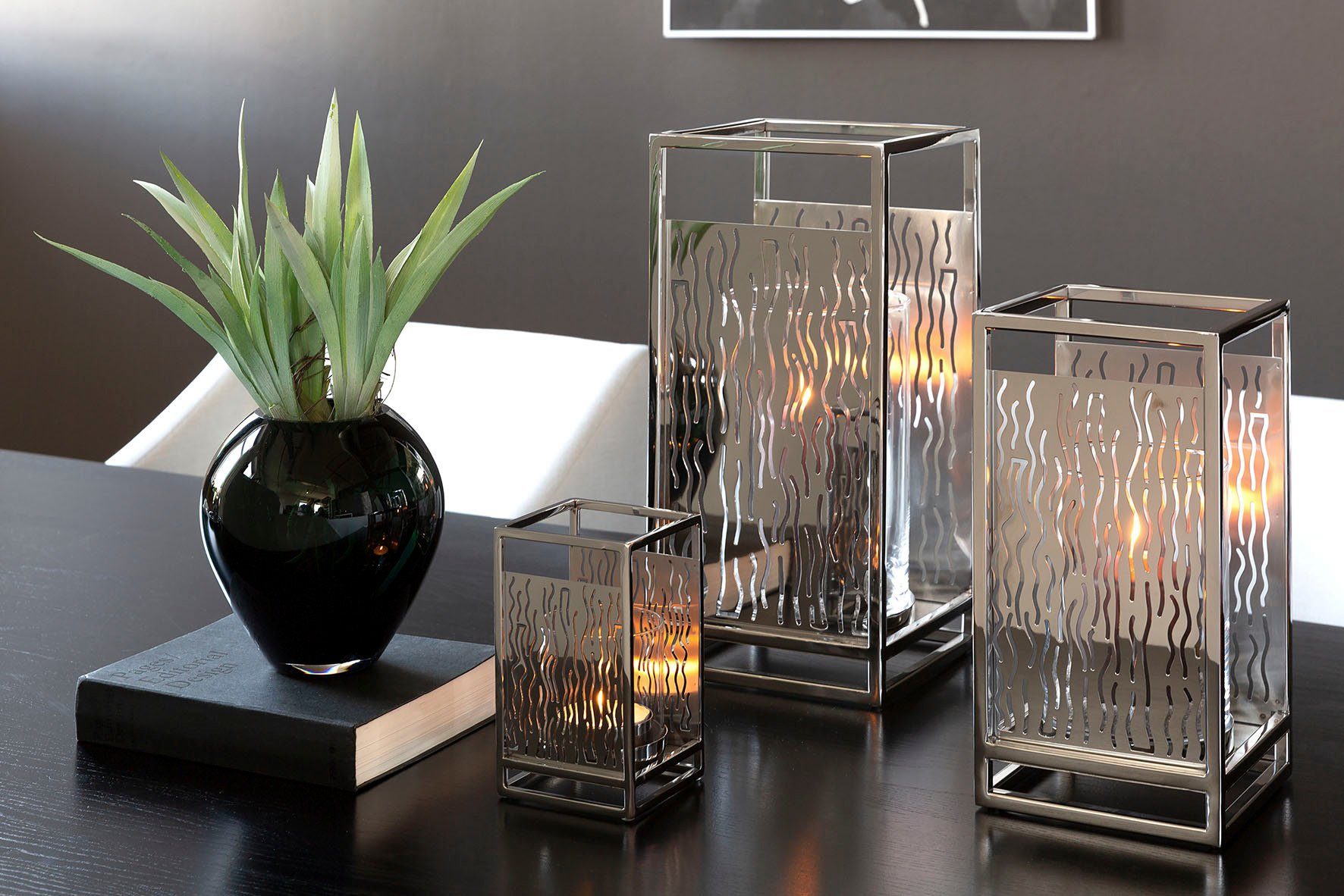 Windlicht NICOSA mit Fink Kerzenhalter und St), Edelstahl Glas, ausgestanzten (1 Cut-Outs aus