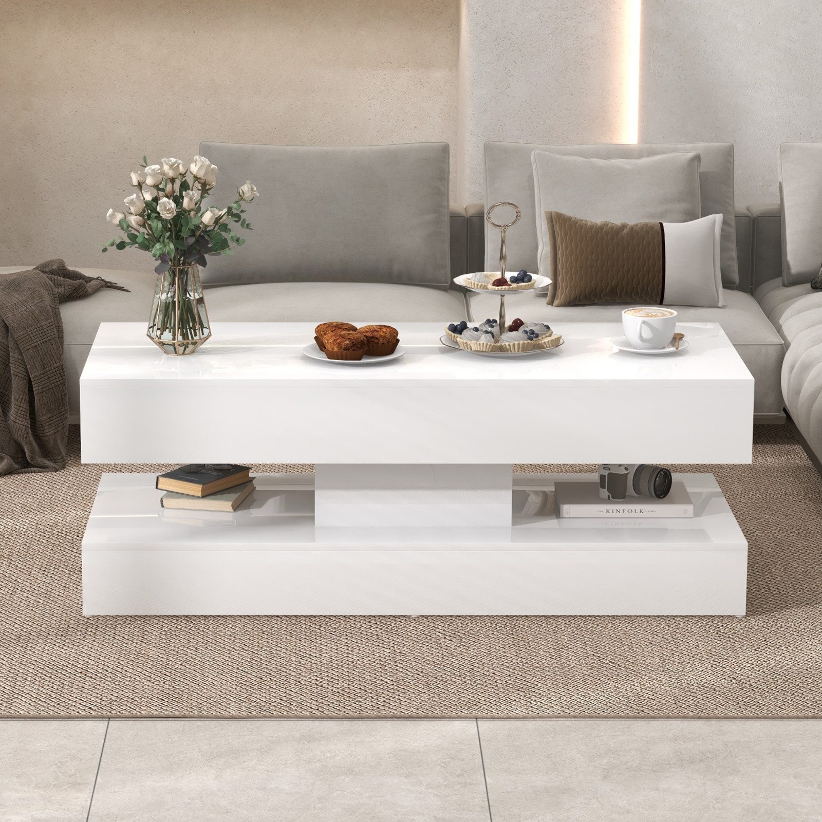 Couchtisch Couchtisch im Hochglanz Moderner Kaffeetisch mit 2 Schuhbladen