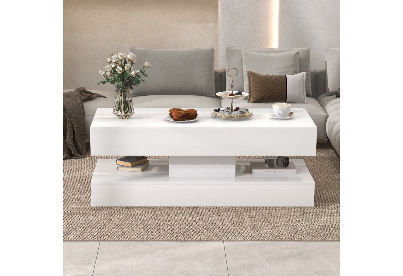 Sunsitt Couchtisch Couchtisch im Hochglanz Moderner Kaffeetisch mit 2 Schuhbladen (Wohnzimmertisch in 100 x50x45cm), Sofatisch für Wohnzimmer, Schlafzimmer, Büro, Weiß