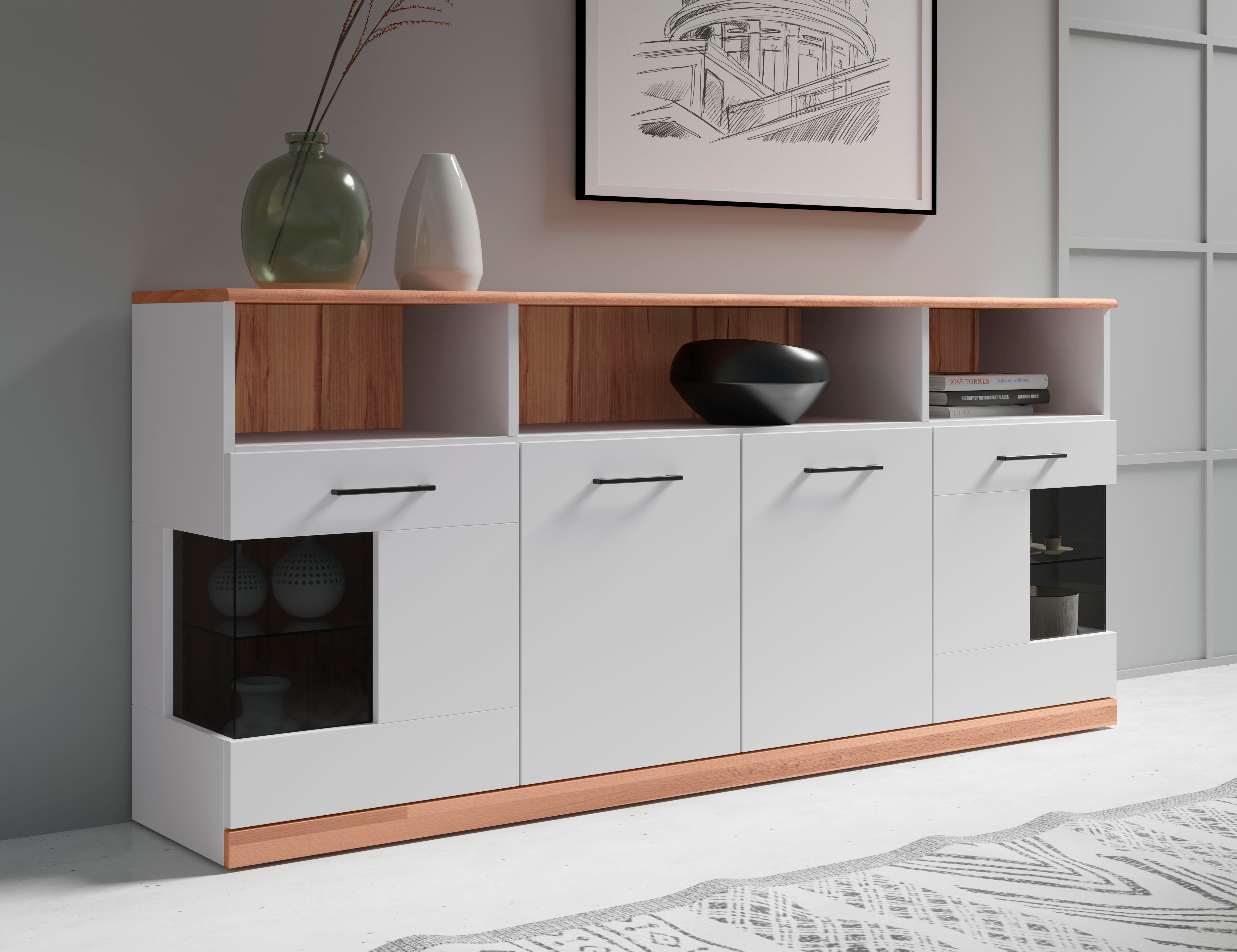 OTTO home Sideboard RIBE20 Fronten massiv,Korpus Melamin, 2 Türen mit Glaseinsatz, B/T/H: 180/35/80cm, schwarze Metall Griffe,2 Türen mit …