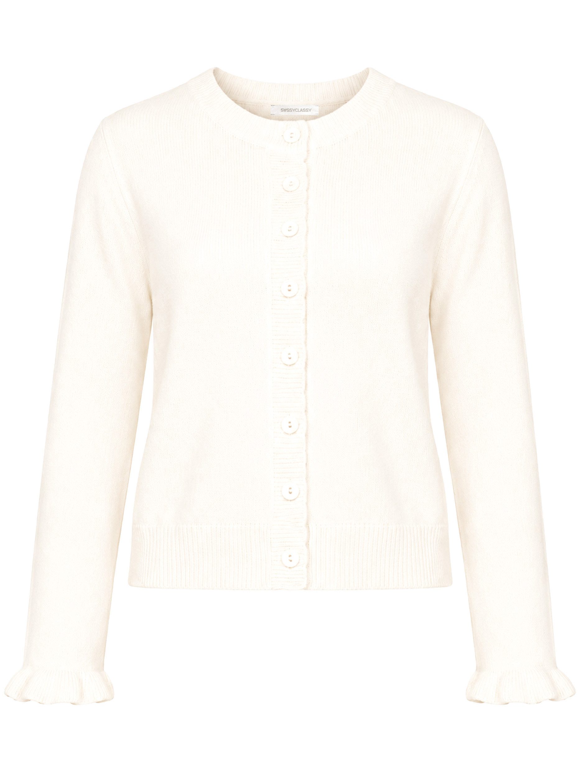 SASSYCLASSY Cardigan Strickjacke mit Volants für Damen Verspielter Cardigan mit Knopfleiste und gerippten Bündchen