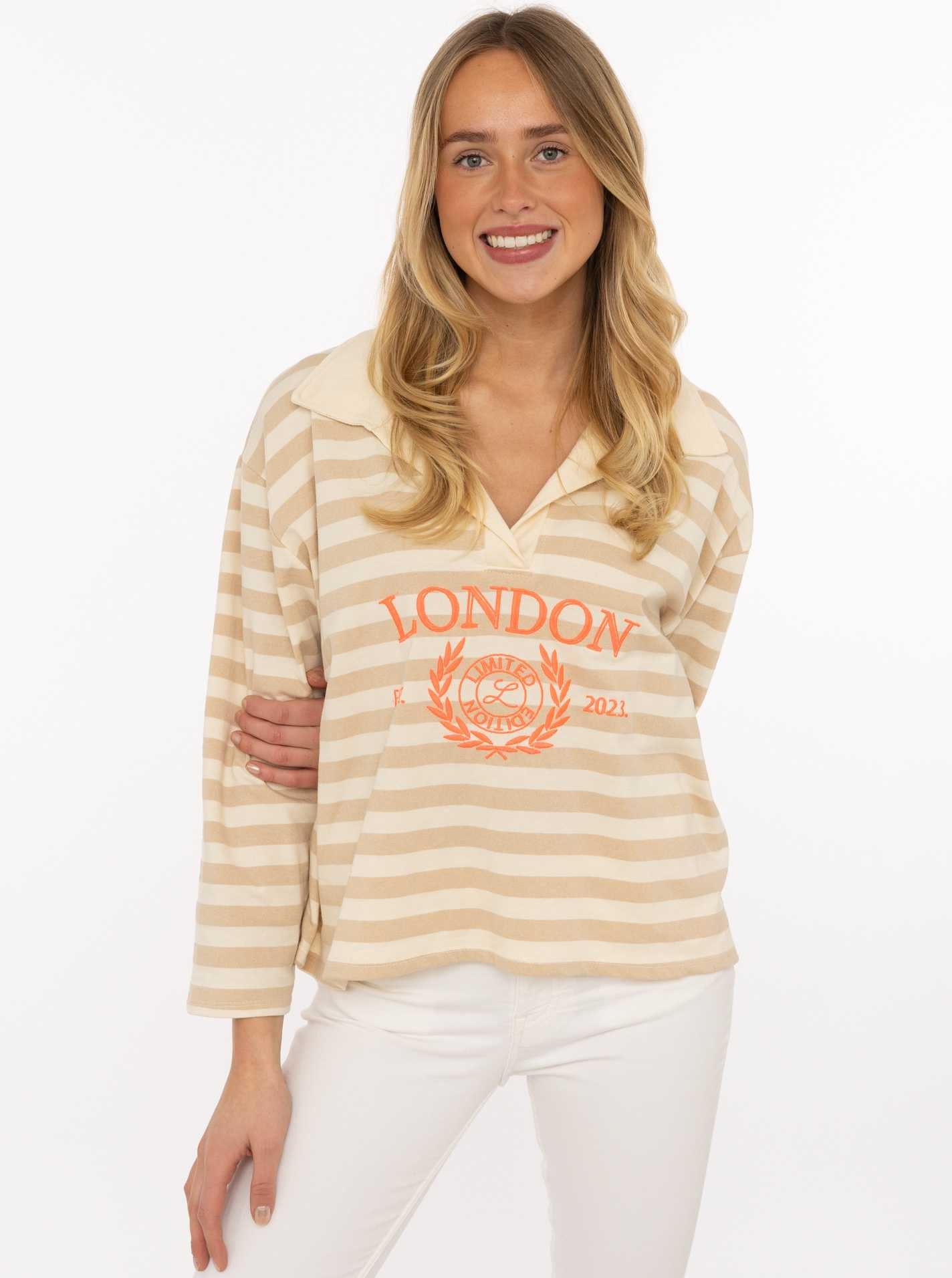 Zwillingsherz Langarmshirt "London" gestreift, Polokragen, Aufdruck