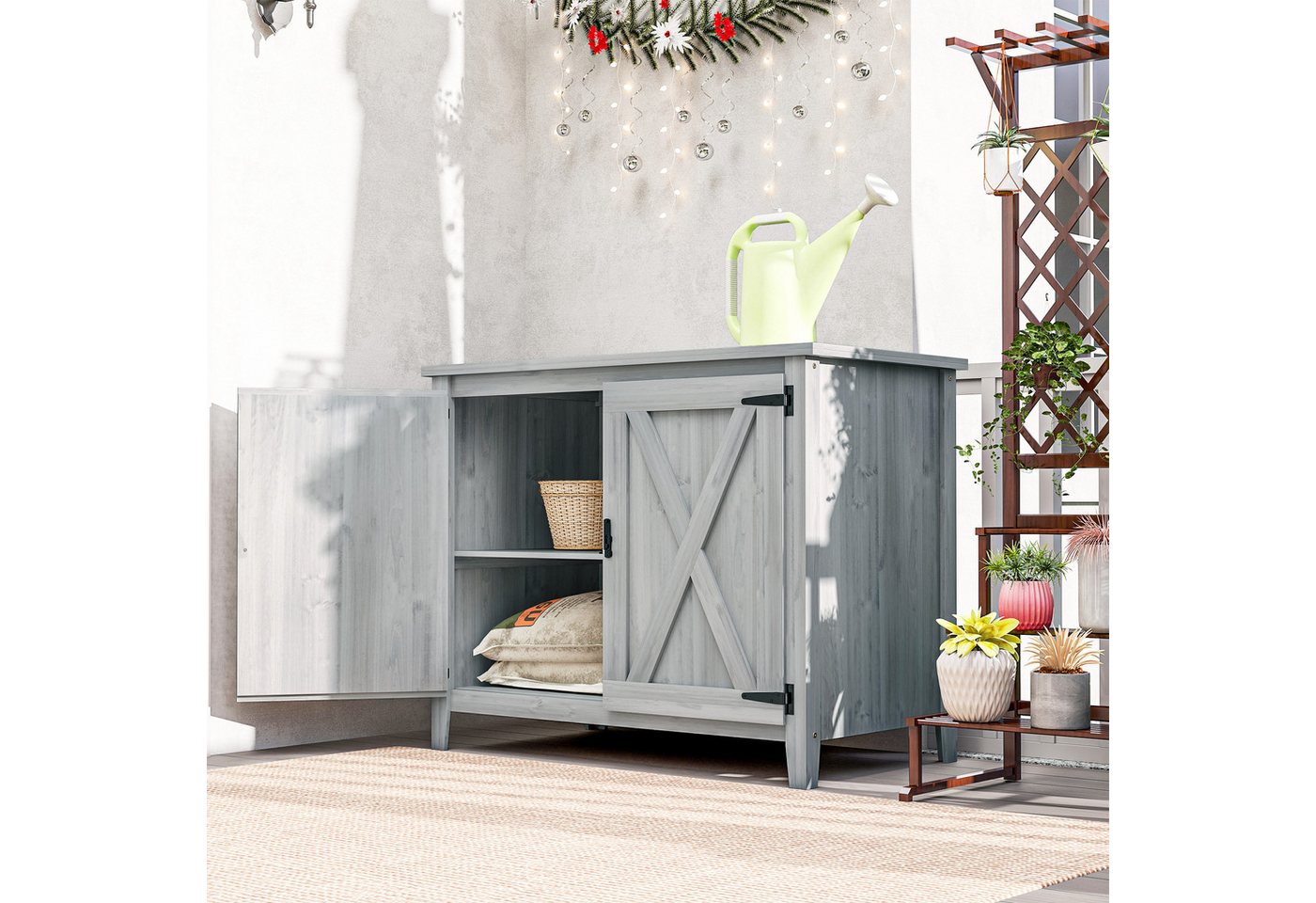 Outsunny Gerätehaus wetterfest, mit Tür, Faltdach, Ablagen, BxT: 110x60 cm, (Gartenschrank aus Holz, 1 St., Geräteschuppen), für Garten Terrasse Hinterhof, Hellgrau