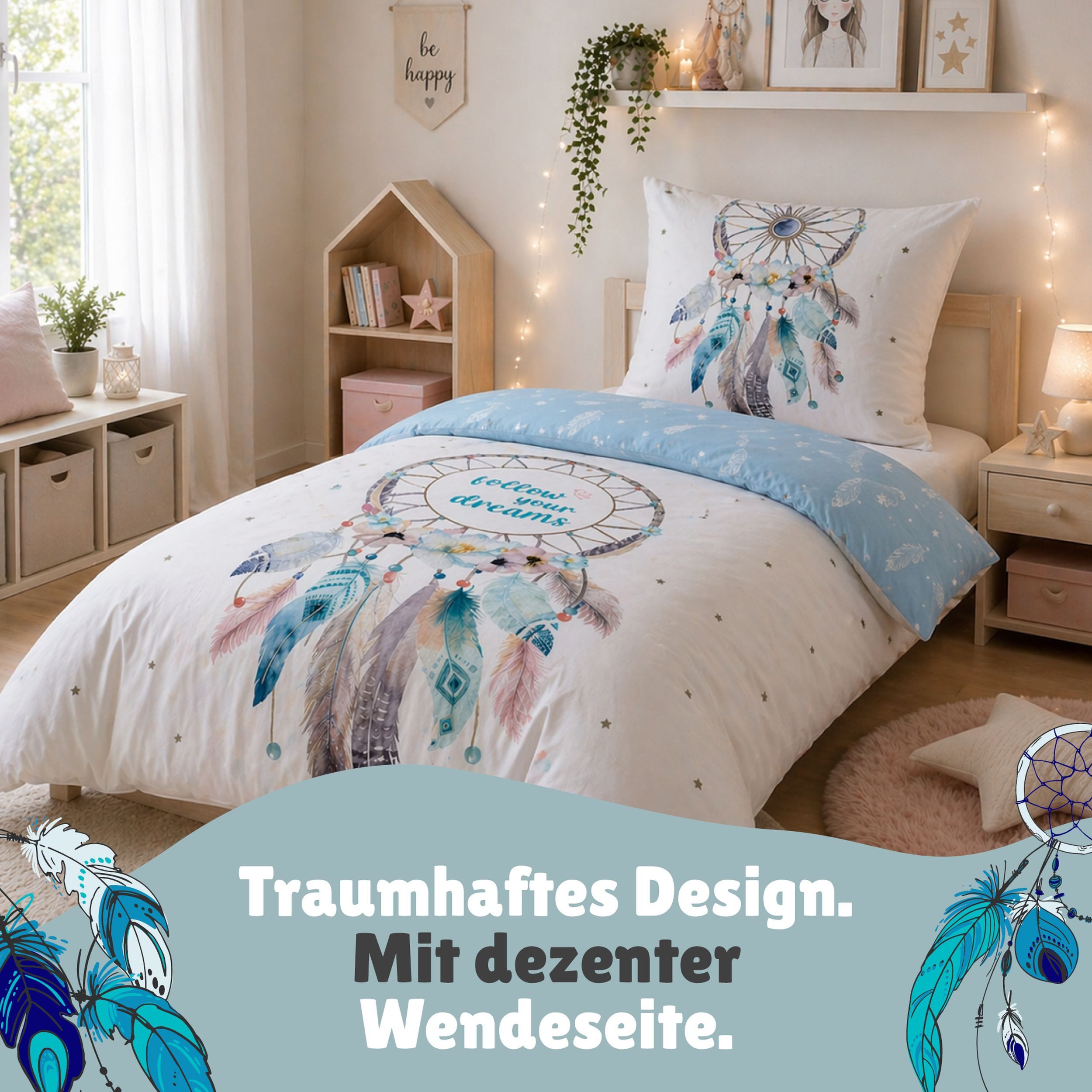 Familando Bettwäsche Dreamcatcher Traumfänger 135x200 80x80 cm Flanell mit Reißverschluss, Flanell, 2 teilig, für Kinder und Erwachsene im Bohemian Boho Style Türkisblau