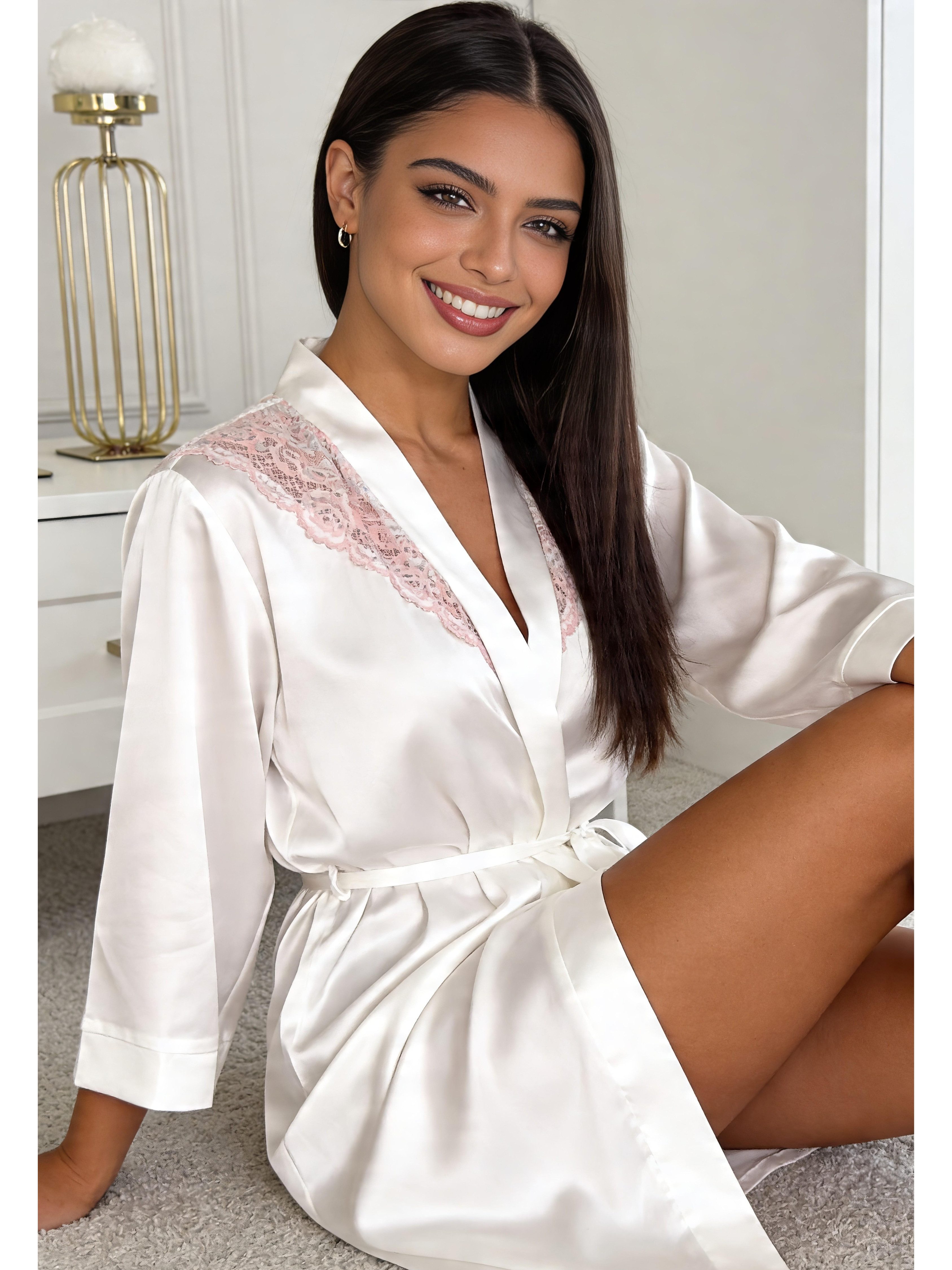 Donna Morgenmantel Eleganter Satin Kimono, Satin-Stretch, Schalkragen, Bindegürtel, mit floraler Spitze