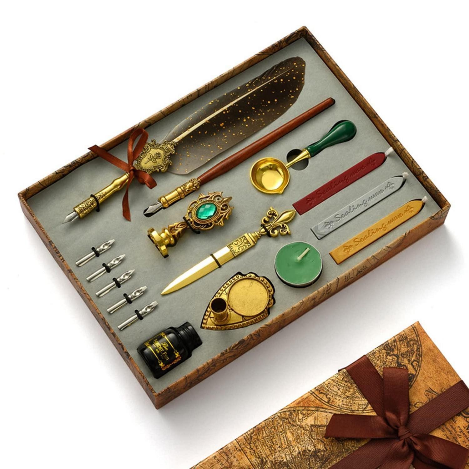 LuxusKollektion Kalligraphie-Stift Kalligrafie Set mit Feder, Siegelwachs, Tinte & Stempel