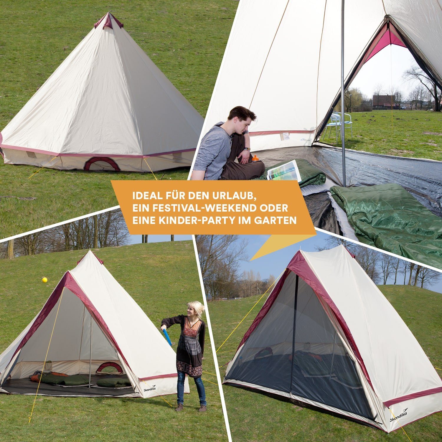 Skandika Tipi-Zelt Comanche 400 Protect, Campingzelt, Moskitonetz im Eingangsbereich, Personen: 8 (Wassersäule 3.000 mm, Kapazität 8 Personen), Vollständig eingenähter Zeltboden, wasserdicht, 2,5 m Stehhöhe