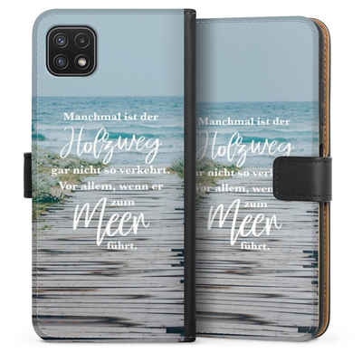 DeinDesign Handyhülle Strand Motivation Spruch Holzweg, Samsung Galaxy A22 5G Hülle Handy Flip Case Wallet Cover