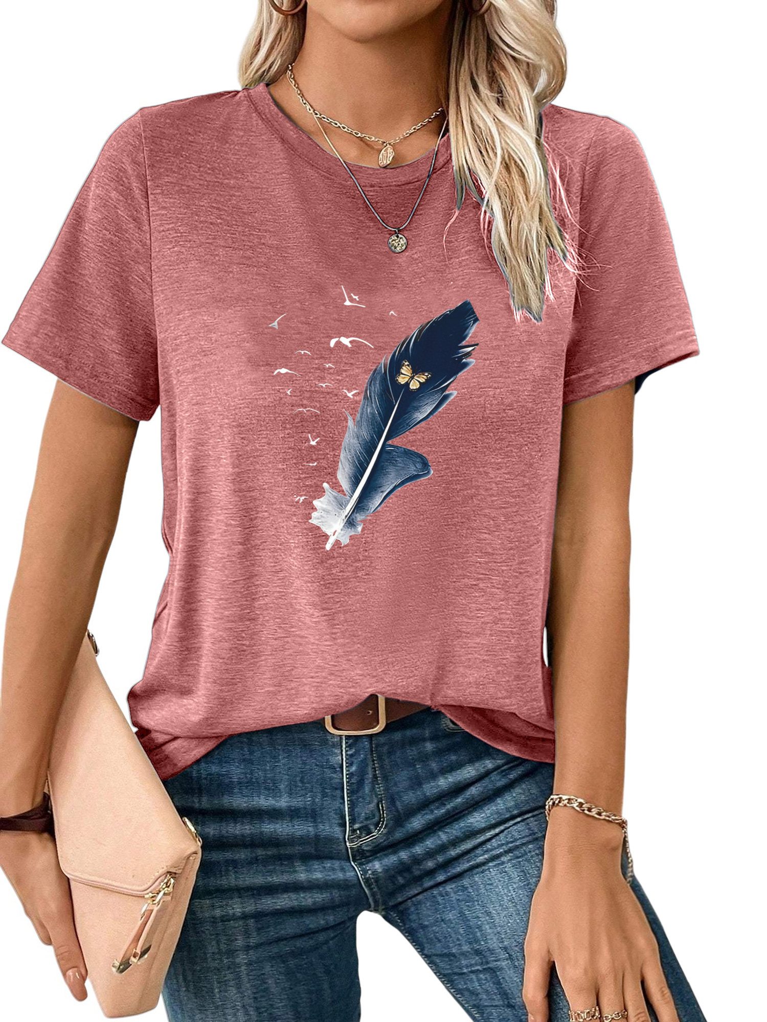 PYLIKE Print-Shirt Damen Elegant Sommer Kurzarmbluse Locker Feder Print-Shirt Bequem für Freizeit und Büro,Strandurlaub