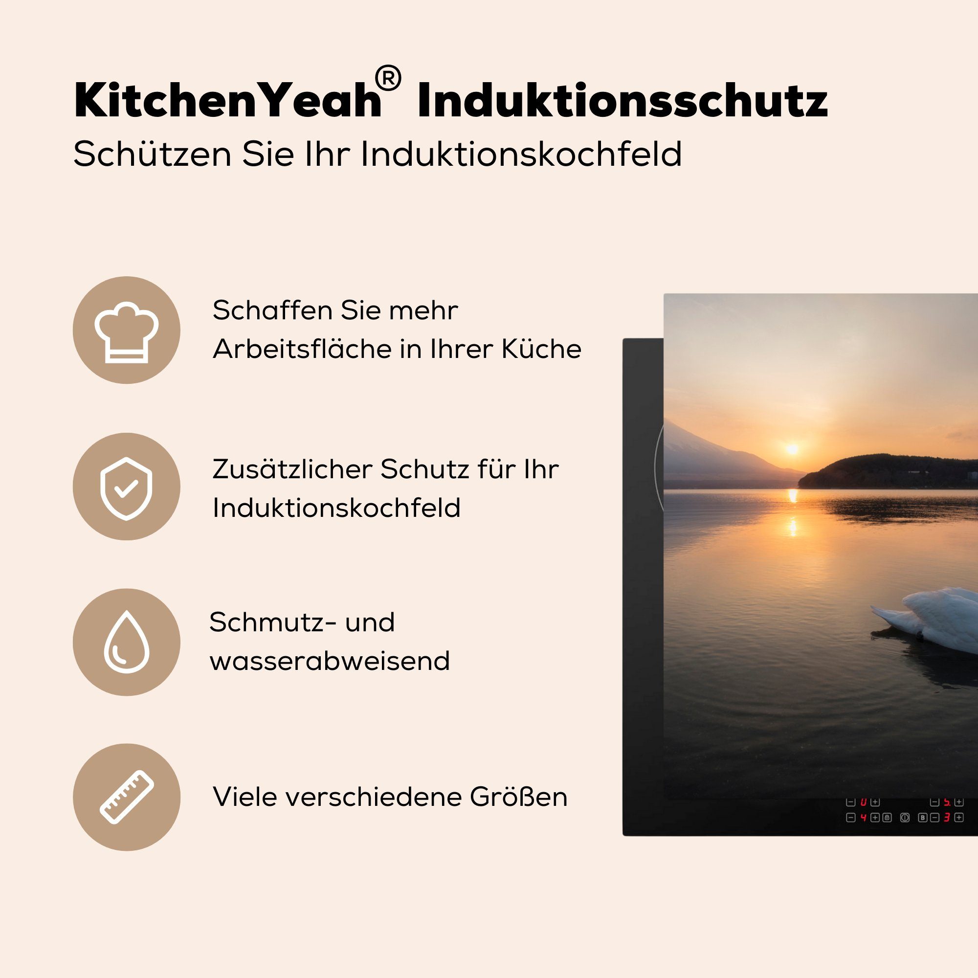 küche Ceranfeldabdeckung, Vinyl, (1 See Schwanen Arbeitsplatte - Sonnenuntergang, 78x78 MuchoWow Herdblende-/Abdeckplatte cm, - tlg), für