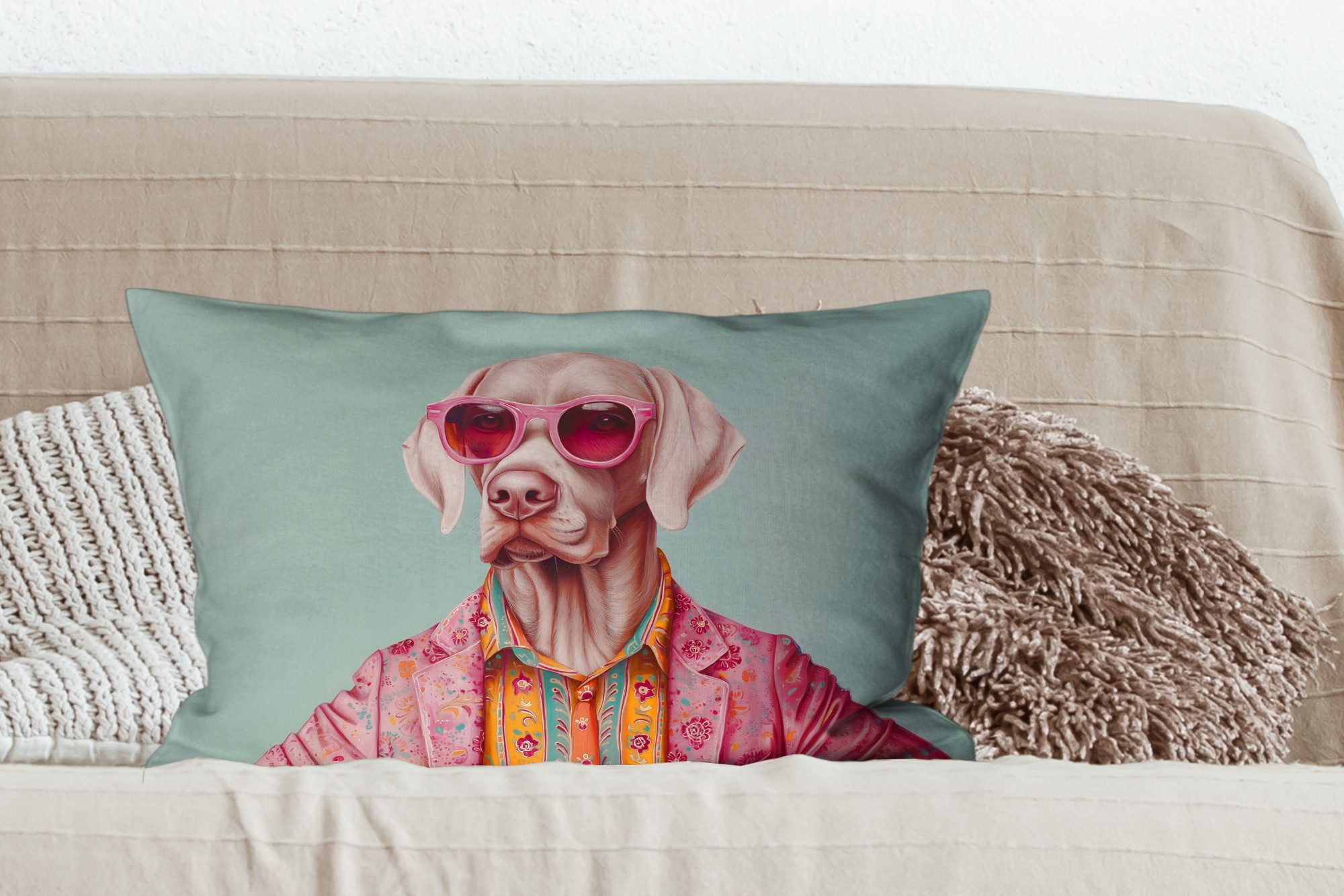 MuchoWow Dekokissen Hund - Hemd - Blumen - Brille, Dekoration, Zierkissen, Dekokissen mit Füllung, 60x40 cm