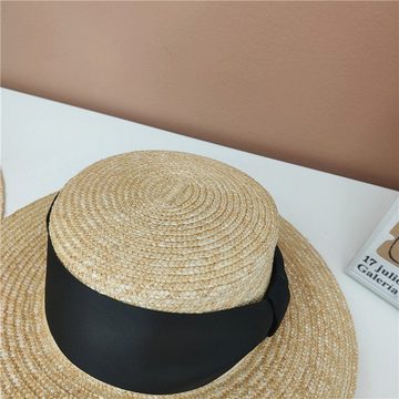 AUKUU Sonnenhut Flacher Flacher Strohhut für Damen mit breitem Gurtband vielseitiger Sonnenhut mit breiter Krempe für sommerliche