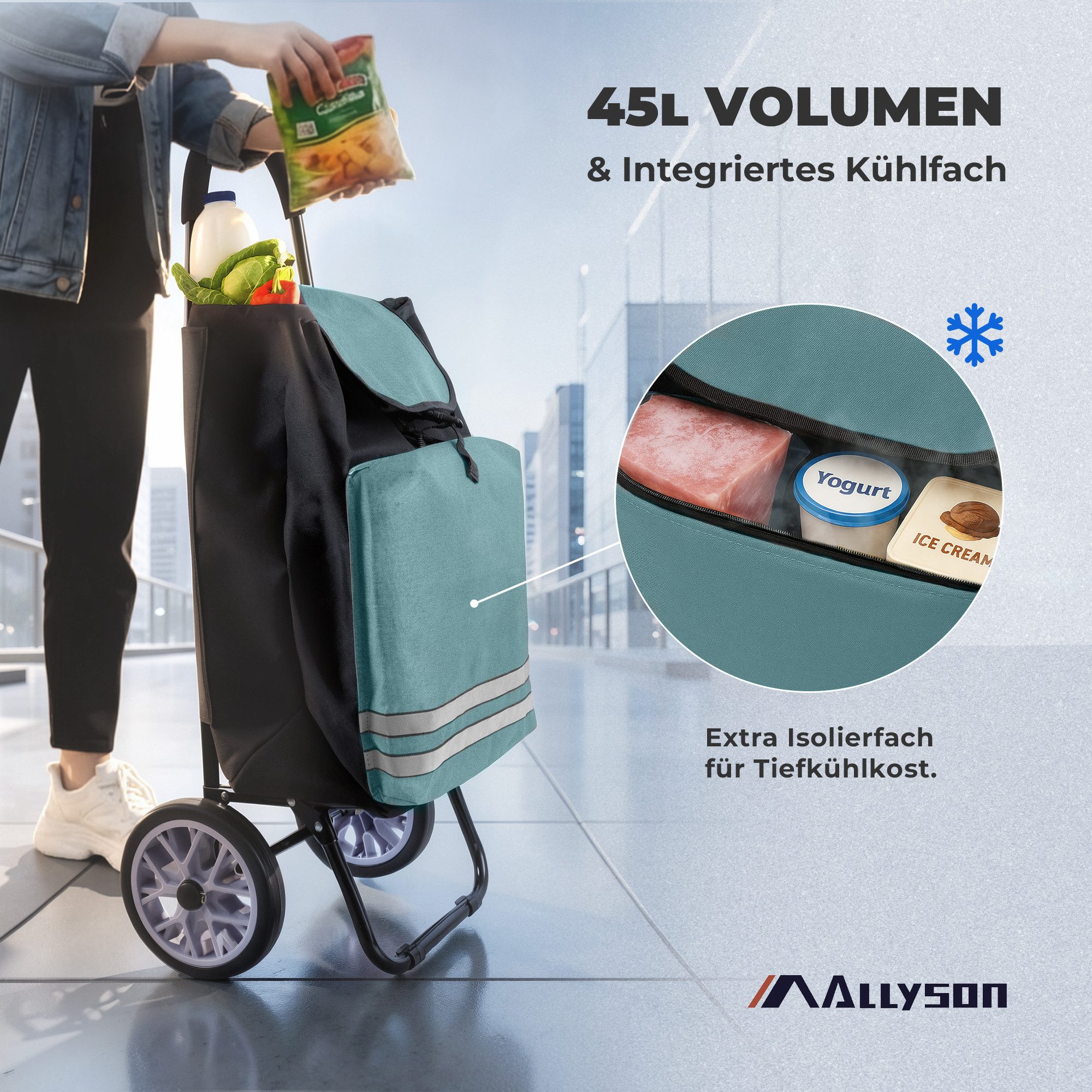 Allyson Einkaufstrolley Klappbarer Shopping Trolley & Einkaufswagen Treppensteiger, 45 l, 45L Volumen, Kühlfach, Reflektoren, Farbe: Grün, Aluminium-Gestell