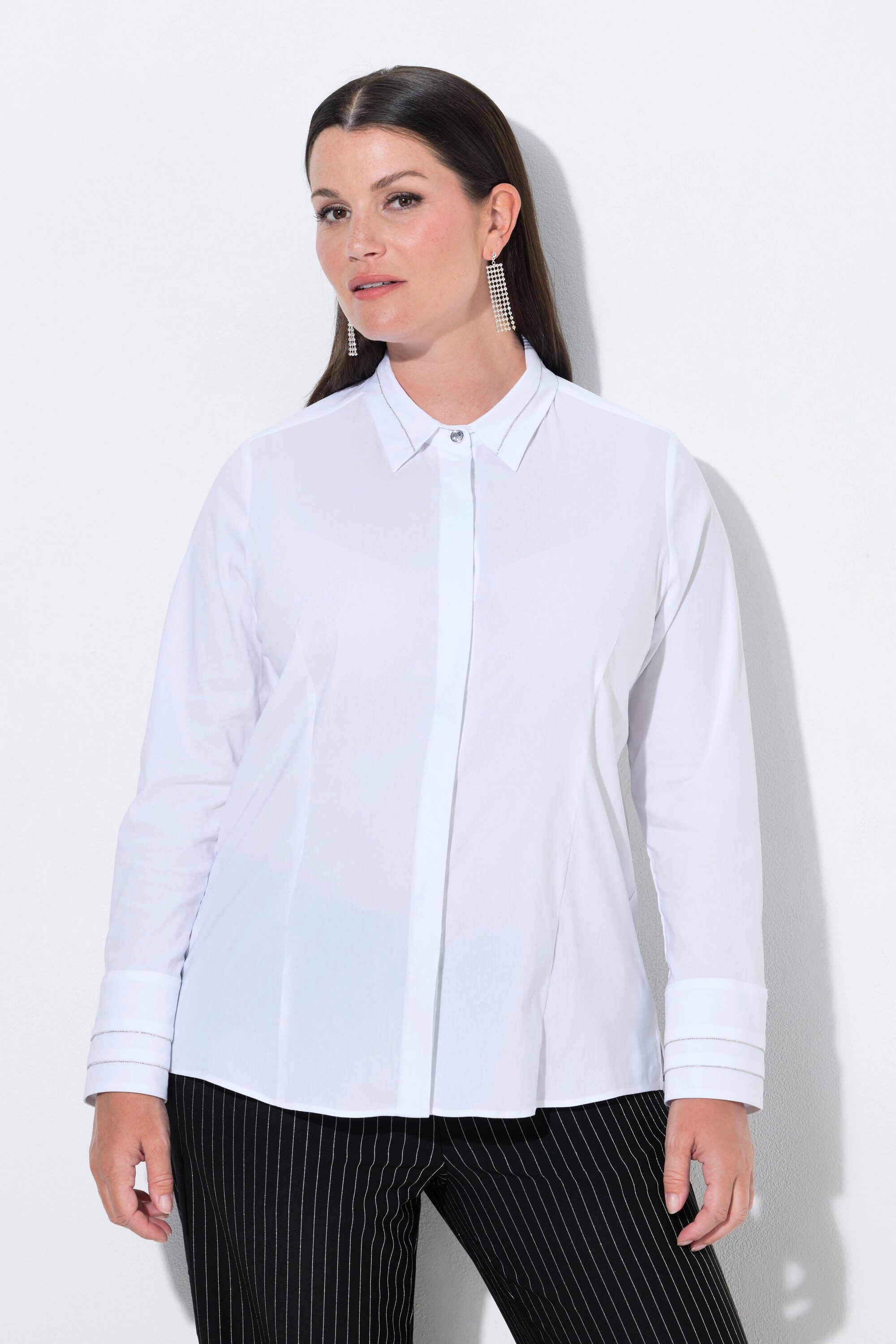 Ulla Popken Hemdbluse Hemdbluse Perlenbänder Hemdkragen Langarm