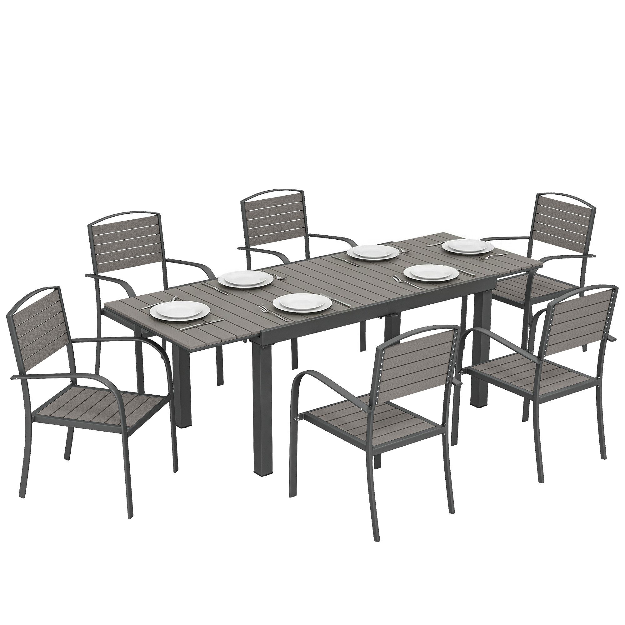 Outsunny Garten-Essgruppe Ausziehbar Tisch mit 6 Stühlen, Holzoptik, Lamellendesign, Aluminium, (Sitzgruppe, 7-tlg., Gartenmöbel Set), für Garten Balkon Terrasse Grau