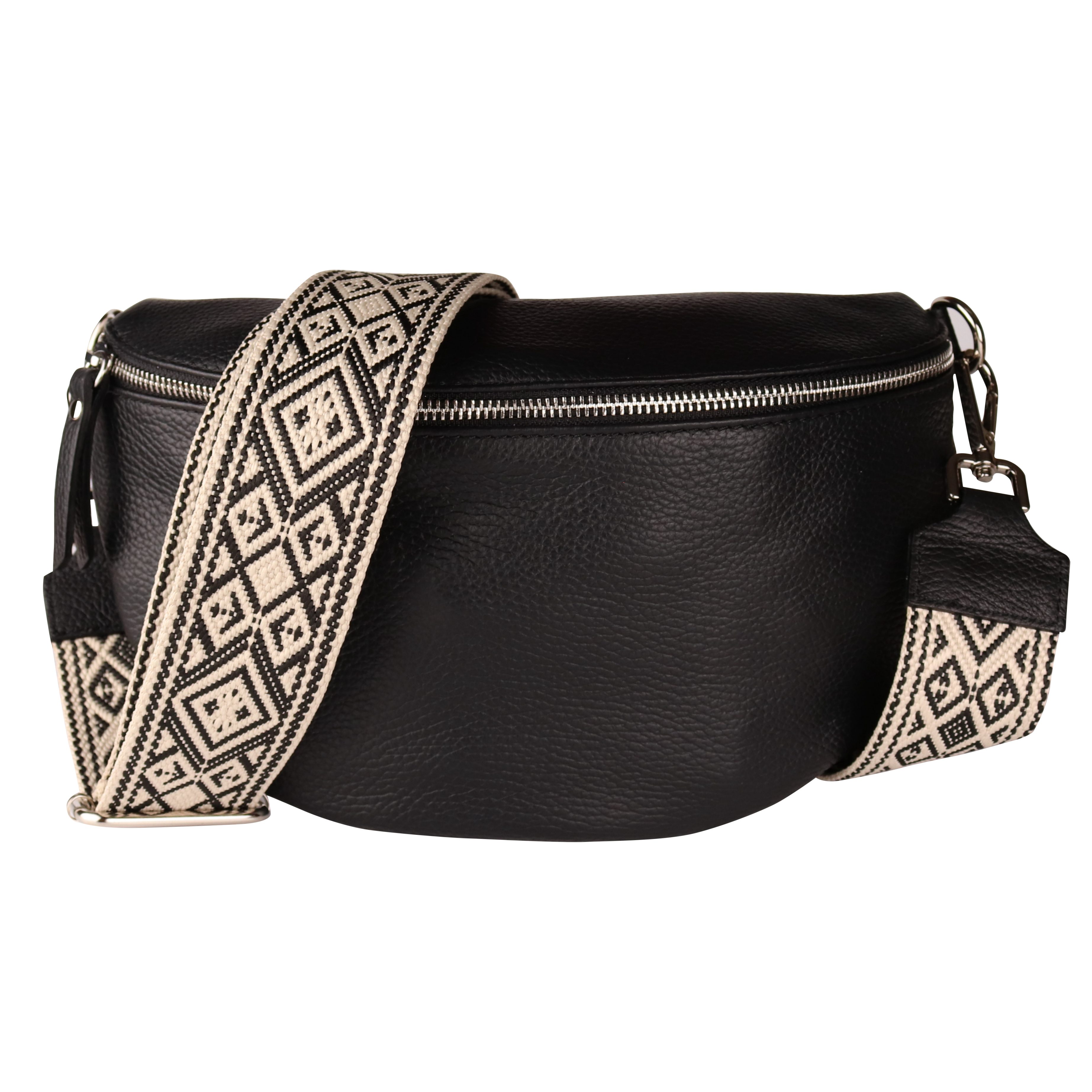 MIRROSI Bauchtasche Damen, Echtleder, Made in Italy, Umhängetasche, Brusttasche, (Schultertasche für jeden Anlass (1 Tasche & 2 Gurte), Crossbody Bag, Schwarz, gemusterten& verstellbaren Schulterriemen